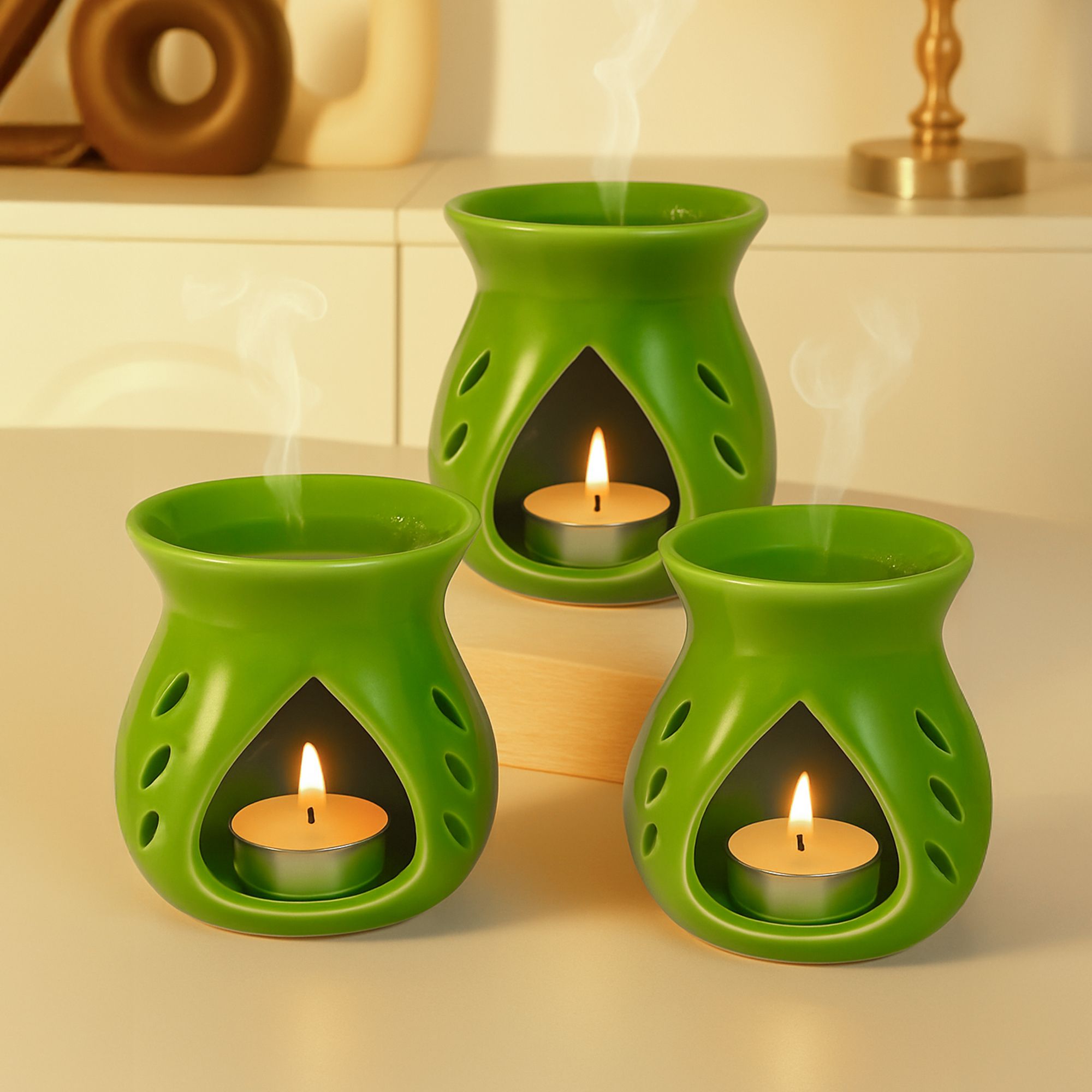 floryn decor Ceramic Diffuser with 3 Tealight Candles For Fragrance, Aromatherapy Gift Green Diffuser Set-picture-17
