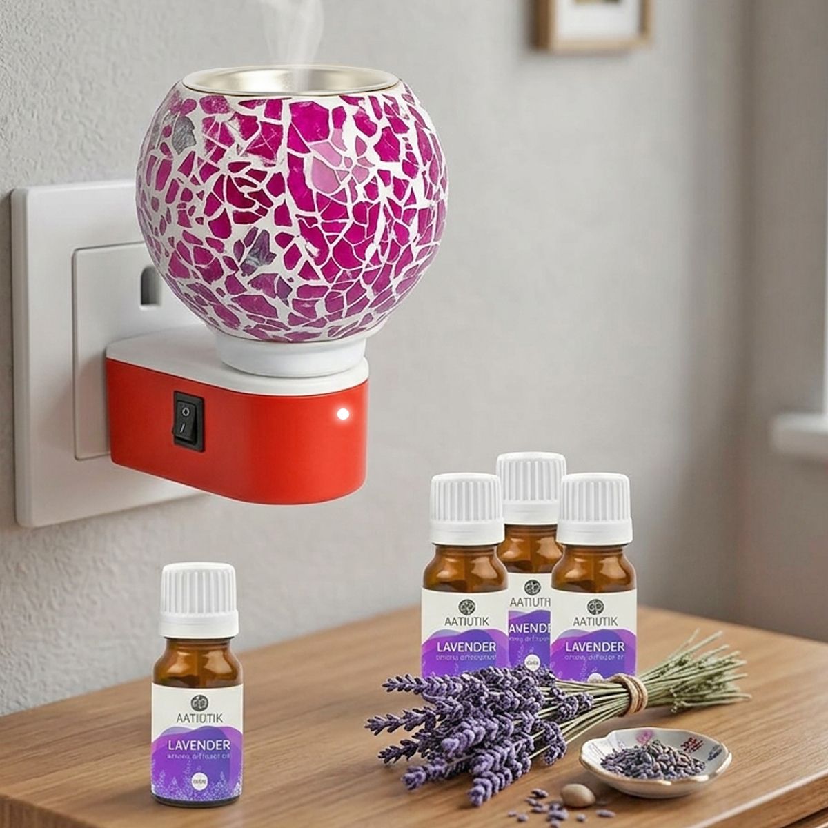 aatiutik Lavender Fragrance Air Freshener Diffuser Set Premium Ceramic Kapoor Dani Camphor Aroma Diffuser Electric with Aroma Oils | Plug-in Fragrance Burner | Glass Mosaic Essential Oil Diffuser | Home, Office, Hotel, Spa, Temple Air Freshener-picture-8