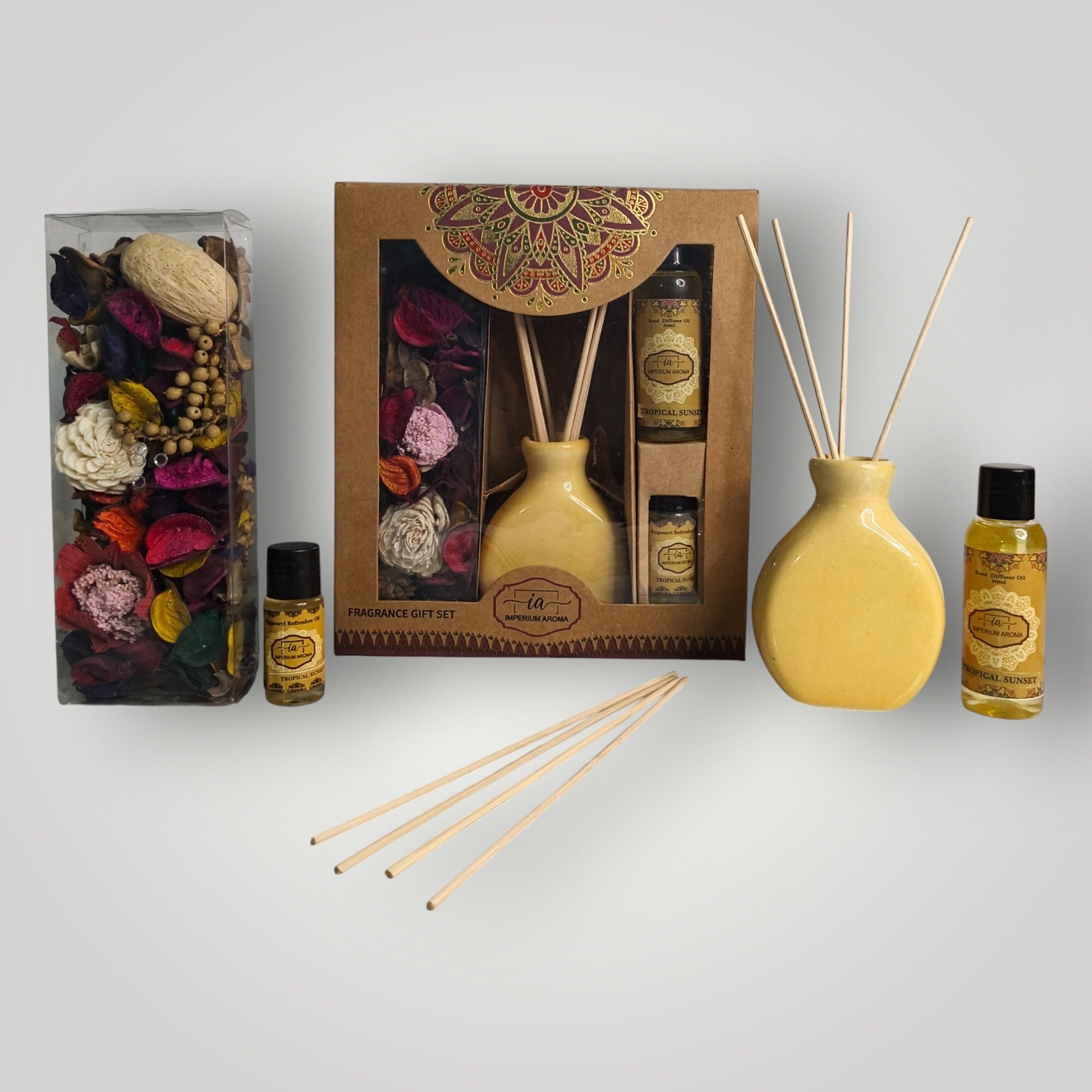 imperium aroma Tropical Sunset Reed Diffuser Gift Set | 50 ml Oil | Ceramic Potpourri, Diffuser 50 g with 15 ml Refresher | 8 Rattan Sticks | Fresh Floral Aroma for Home & Offices-picture-8