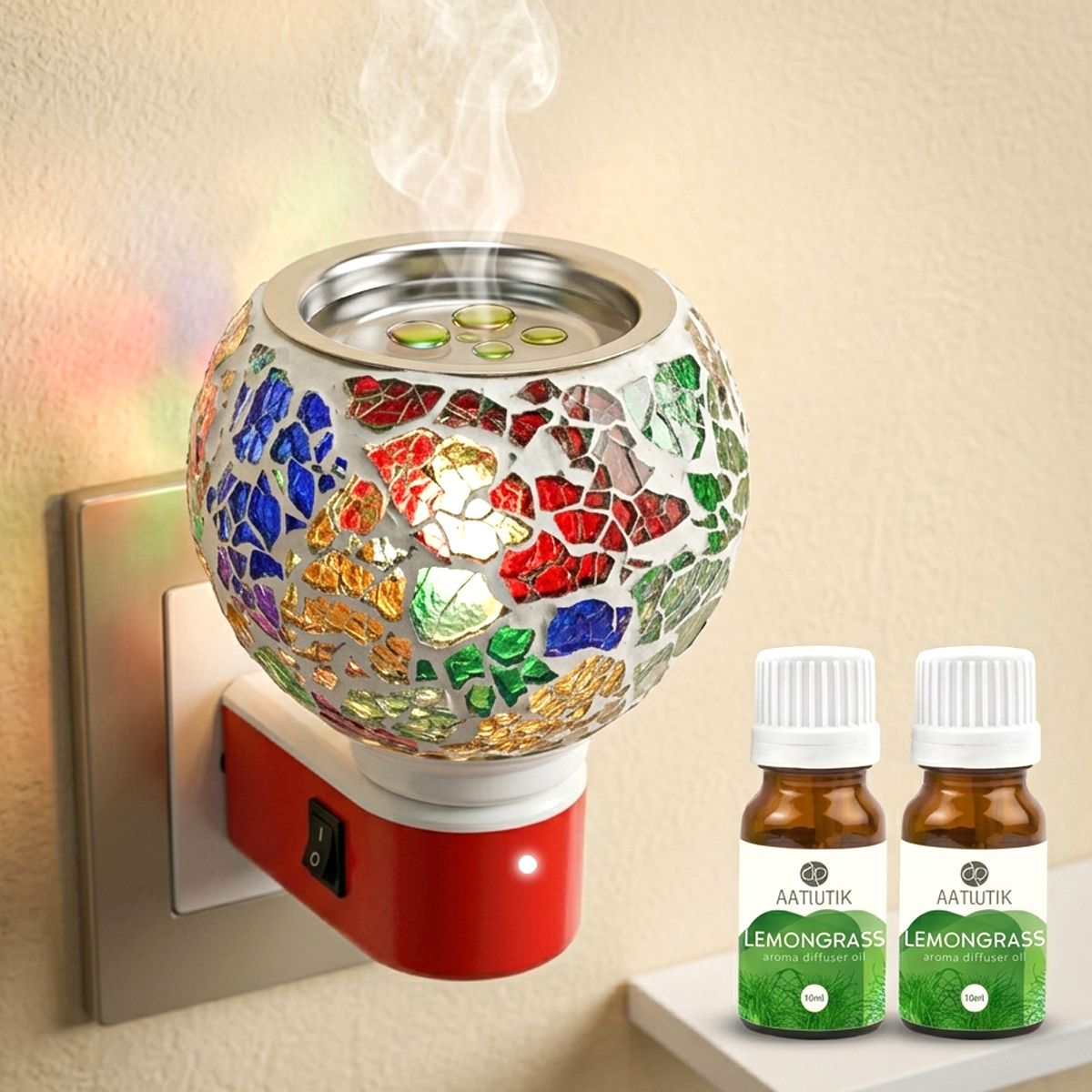 Lemongrass Fragrance Air Freshener Diffuser Electric Mosaic Kapoor Dani Camphor Diffuser with Aroma Oils (10ml Each) | Plug-in Ceramic Room Freshener Machine electric Camphor Burner & Essential Oil Diffuser | Night Light Lamp | Room Freshener for Home, Office & Puja Room-image-23