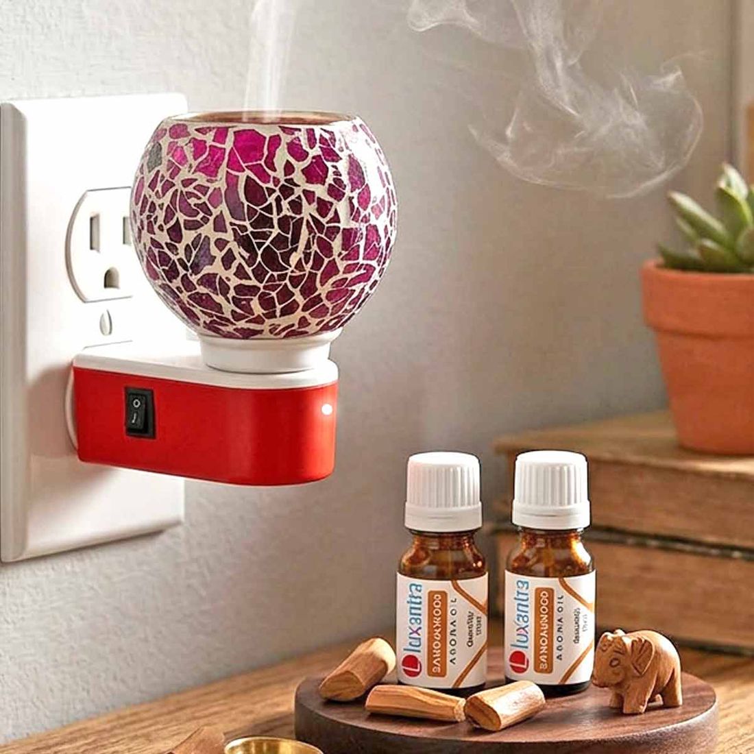 Sandalwood Fragracne Air Freshener Diffuser Set Electric Kapoor Dani Aroma Diffuser with Aroma Oil Combo | Plug-in Camphor Diffuser & Essential Oil Burner | Mosaic Glass Fragrance Vaporizer for Home, Office, Meditation & Pooja Room-image-10