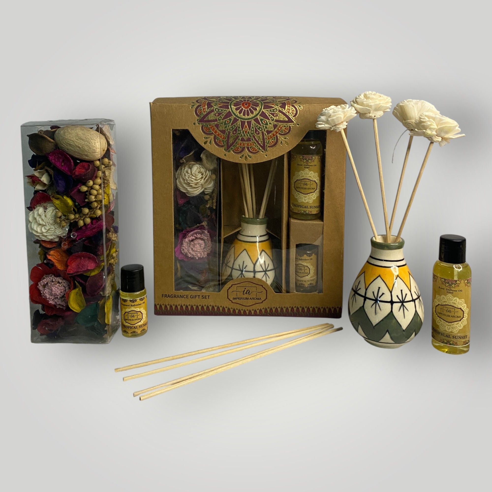 imperium aroma Tropical Sunset Aroma Reed Diffuser | Painted Ceramic Vase | 50 ml Diffuser Set, Potpourri 50 g with 15 ml Refresher | 8 Sticks | Light Aroma for Bedroom, Livingroom & Offices-picture-32