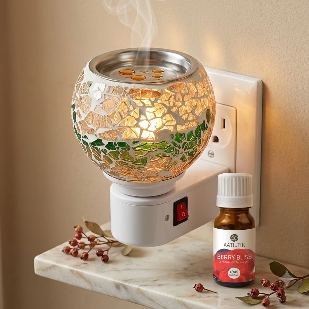 Berry Bliss Home Fragrance Air Freshener Diffuser Set Premium Electric Kapoor Dani Camphor Diffuser | Mosaic Glass Night Lamp | Plug-in Aroma & Camphor Burner | Smoke-Free Fragrance Diffuser for Home, Office, Hotel, Spa, Temple & Meditation-image-12