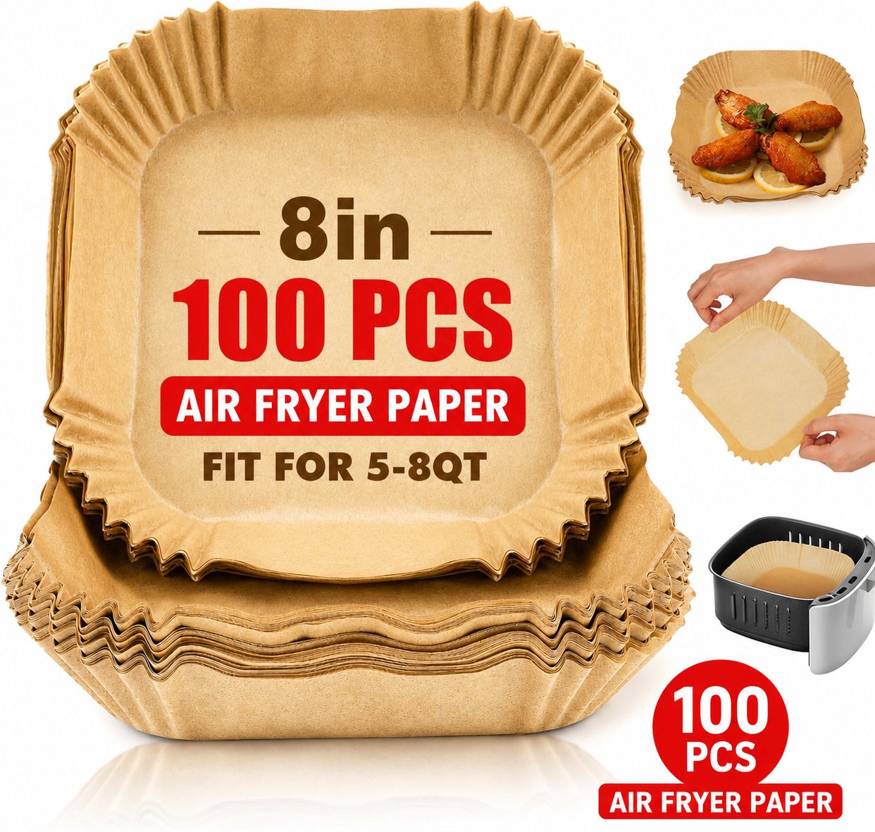 Air Fryer Paper Liners Square 100 Pcs, Parchment Paper Heat Resistant Airfryer Tray-image-23