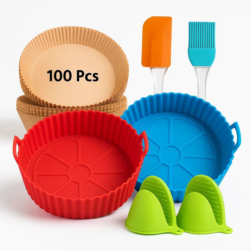 2 Pcs Silicone AirFryer Tray & 100 Pcs Round Paper with Oil brush and Oven Mitts Airfryer Tray-image-26