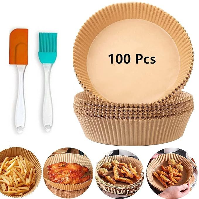 100PCS Fryer-Paper Disposable Paper, Baking Paper & Oil-proof with Oil Brush Airfryer Tray