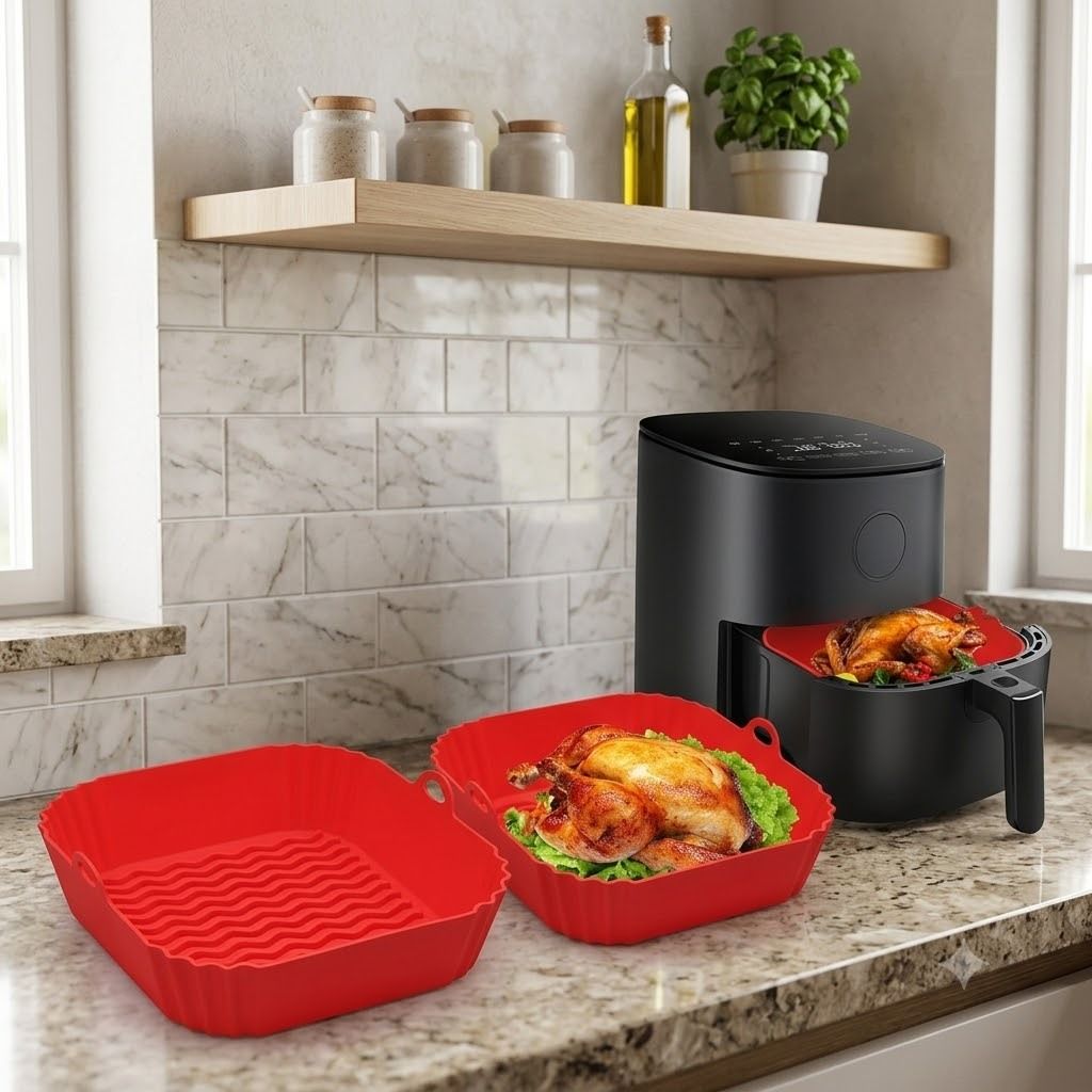 Red silicone air fryer liner (2 PCS,SQUARE) Airfryer Tray-image-30