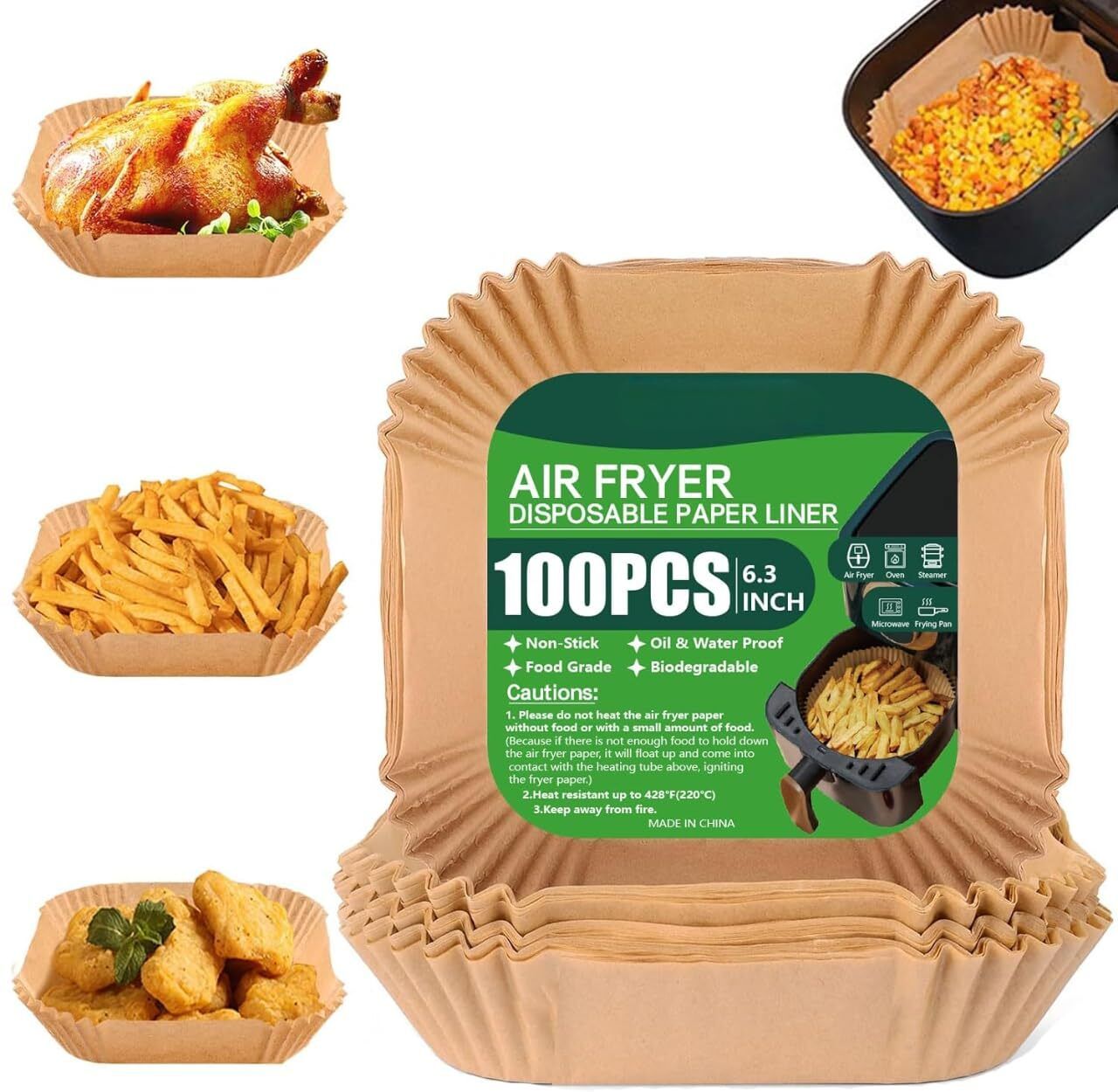 (100 pcs, Square, 8 inch) Disposable Air Fryer Paper Liner, Oil Paper for Frying Airfryer Tray