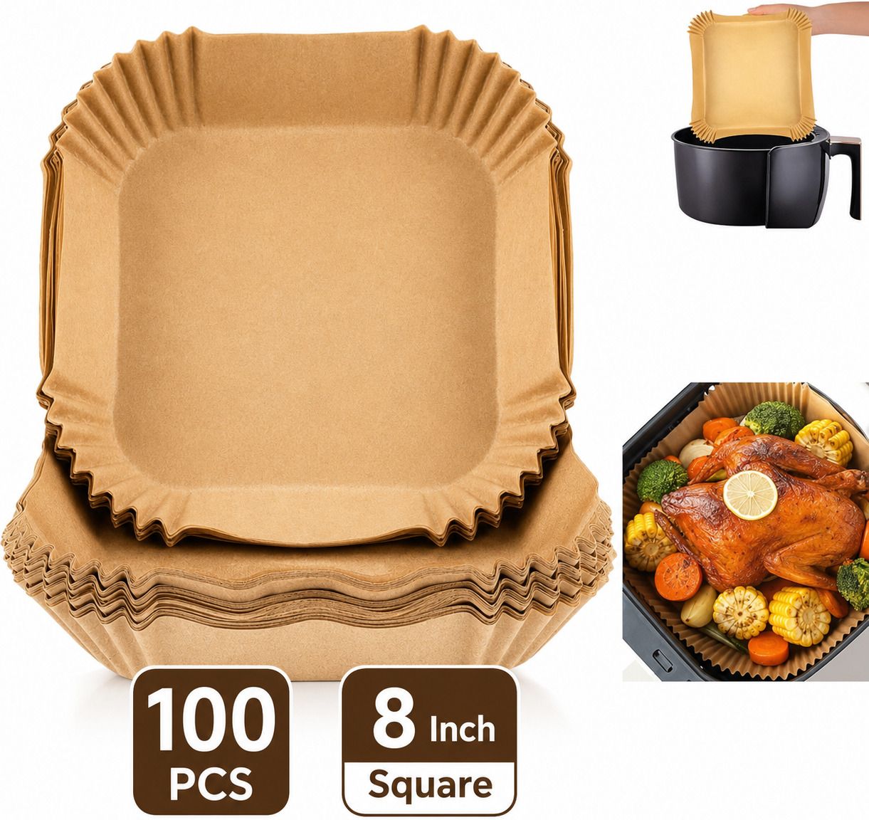 Pack of 100 Square Air Fryer Paper Liners Non Stick Baking Sheets Airfryer Tray-image-36