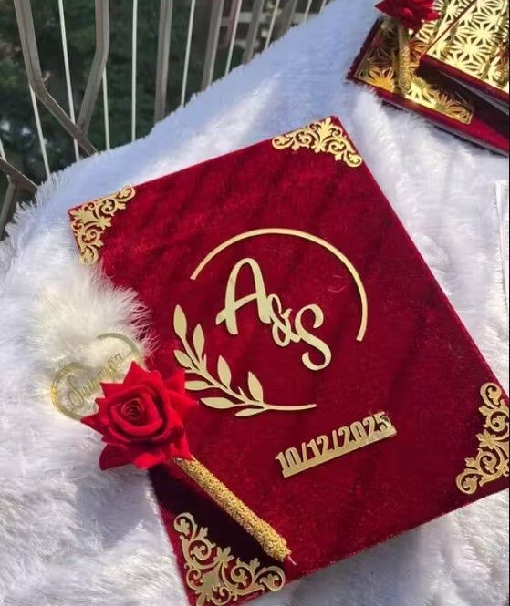 Luxury Velvet Nikah Nama Folder & Signature Pen Set - Maroon & Gold Album-image-2