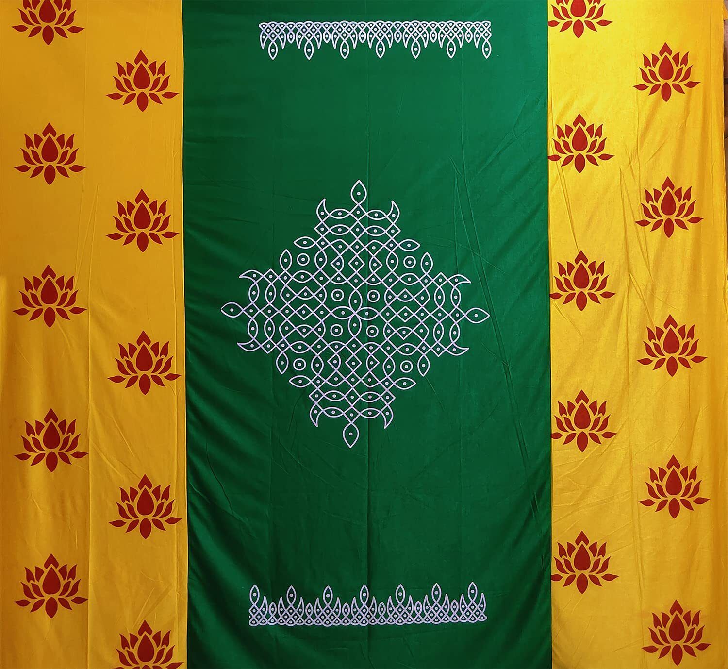 anu novelties Green Ganesh with Lotus Design - Perfect for Festivals 8x8 Feet Kolam Muggu Curtain Fabric-picture-12