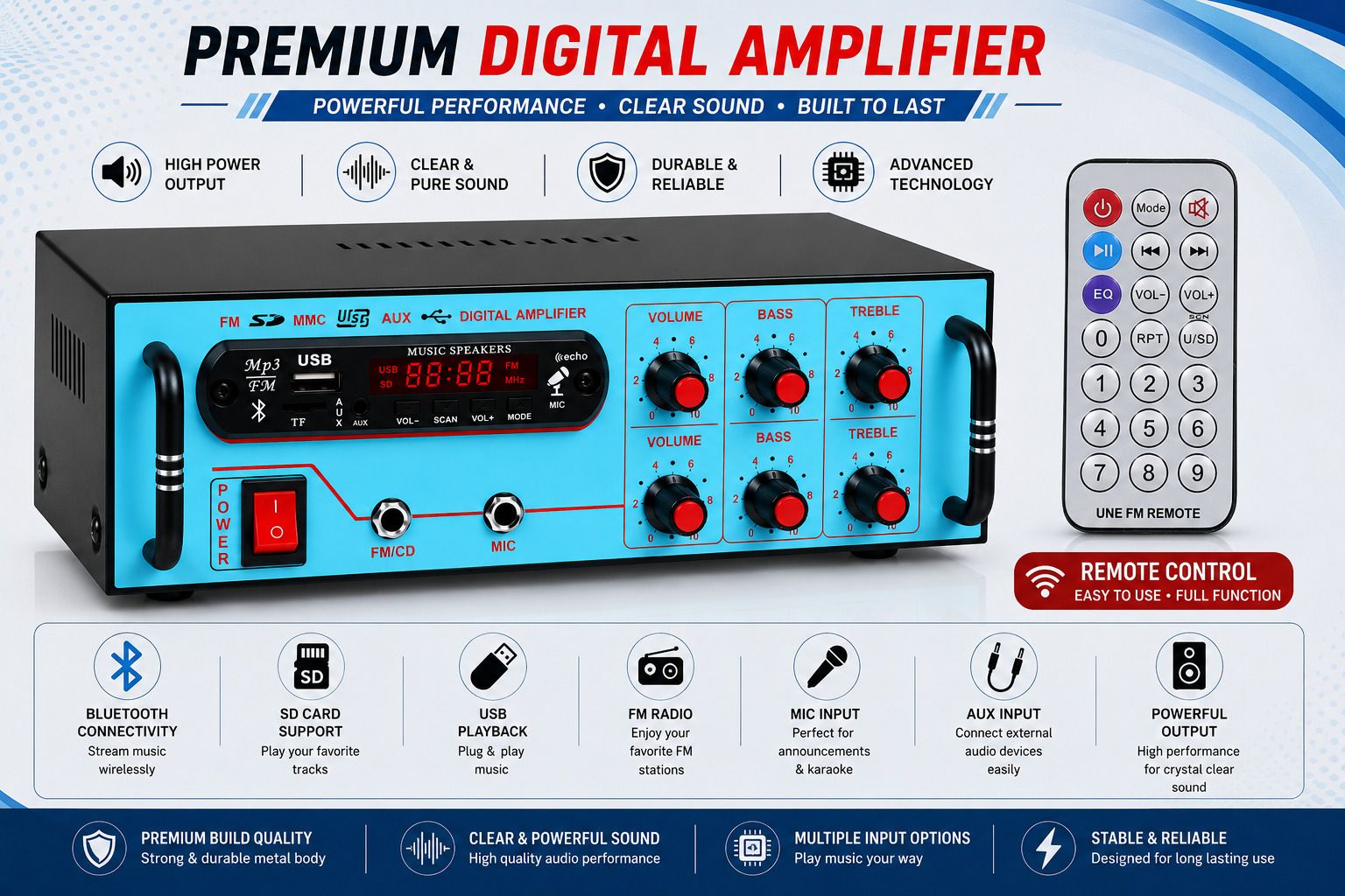 Bluetooth 4440 Double IC 5000 W Amplifier DJMachine Sound USB/SDCard,FM 120 W AV Power Amplifier-image-37