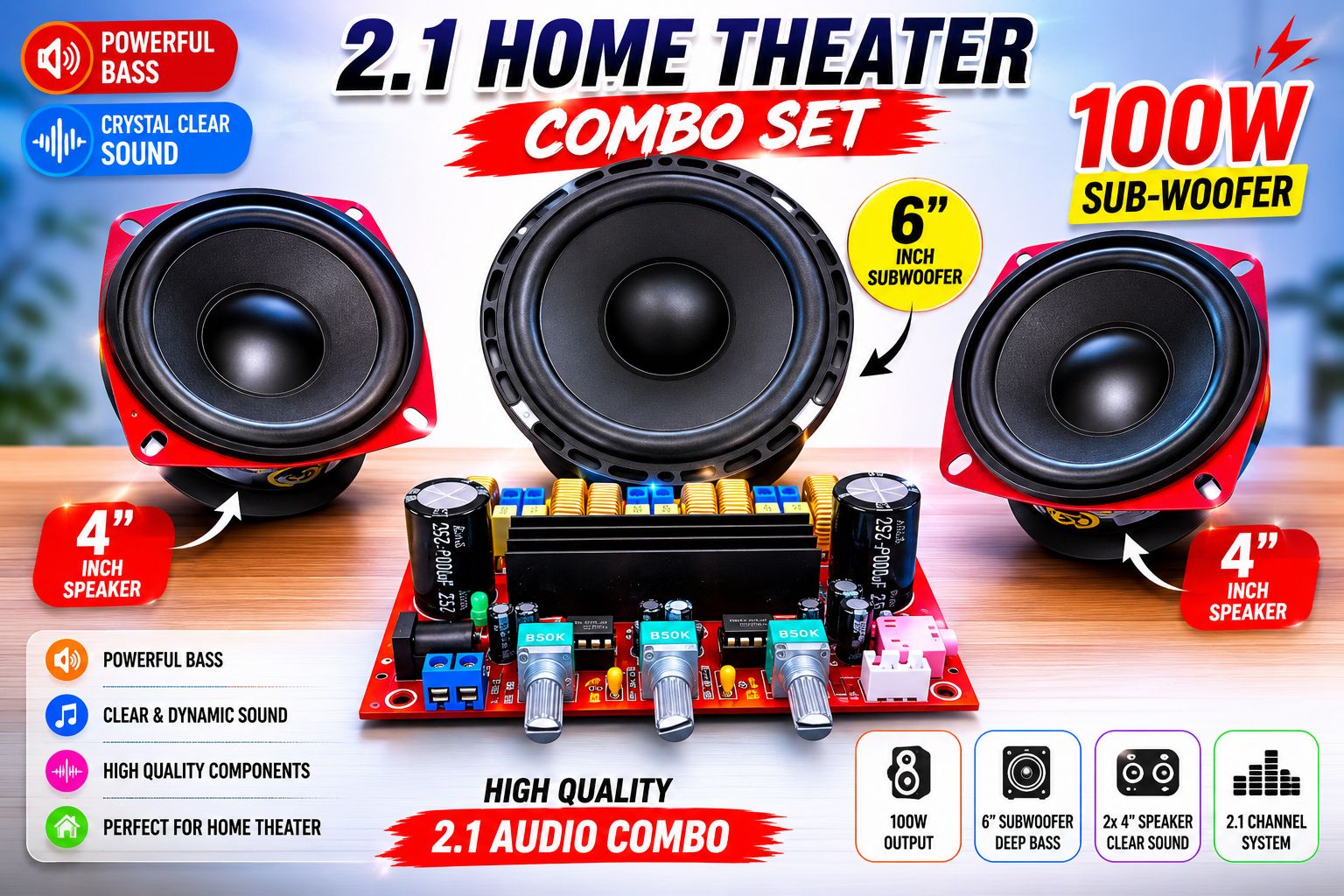 Combo 2.1 Calss-D Home theater Amplifier Board with Speakers 200 W AV Power Amplifier-image-17