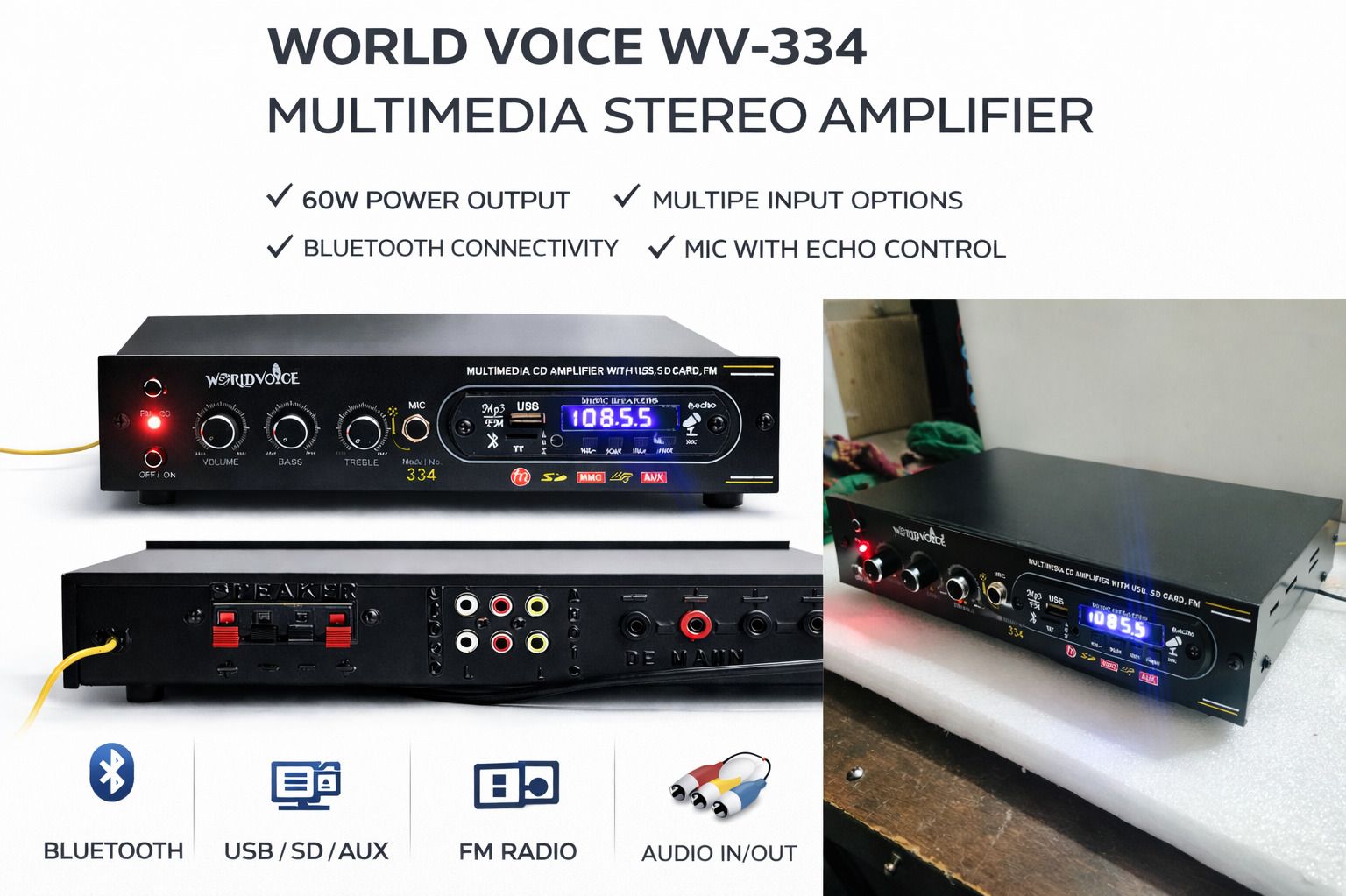 Prime Series 4440 Double IC Bluetooth Home Amplifier BT/USB/FM/MP3/SD-MMC/AUX 160 W AV Power Amplifier-image-0