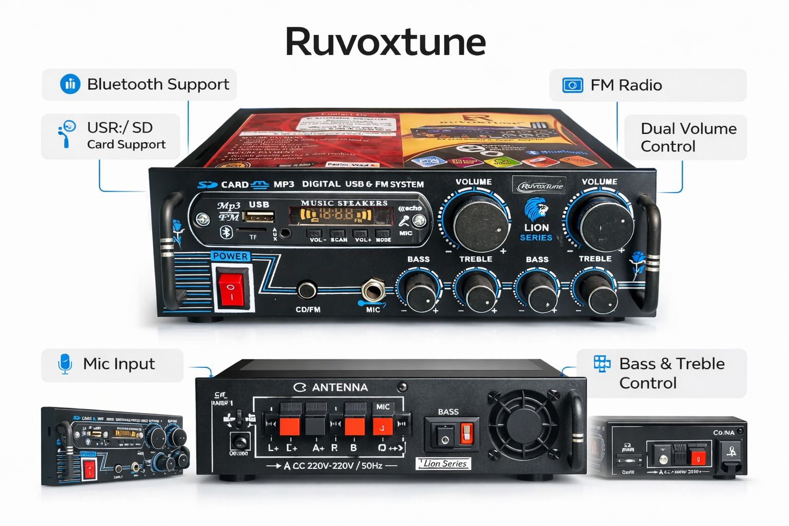 ruvoxtune DJ 5000 W Stereo Amplifier Bluetooth USB/SD Card MIC/AUX Input FM radio Remote 120 W AV Control Amplifier-picture-26