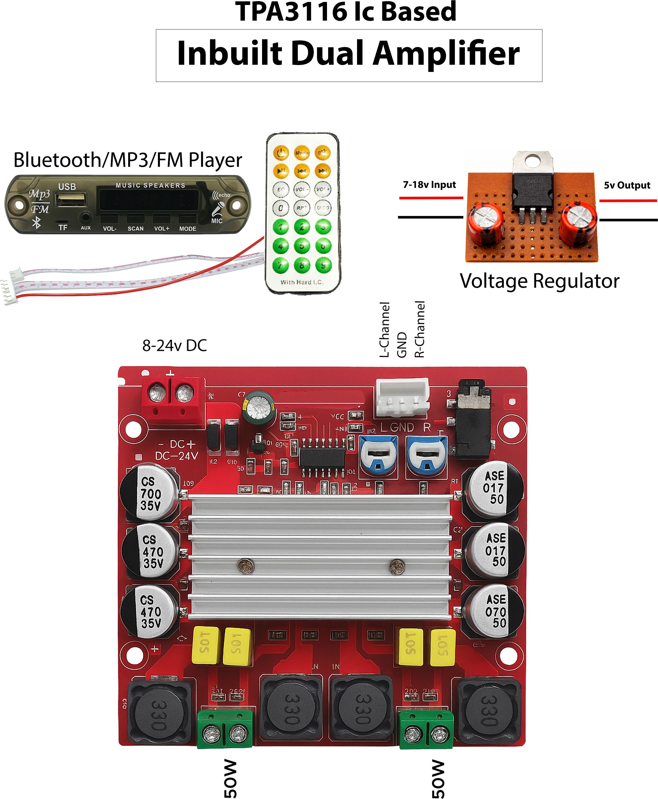 Class-D 100 watt Dual Channel Amplifier with MP3/FM/Bt Module & 5v Regulator 98 W AV Control Amplifier-image-29