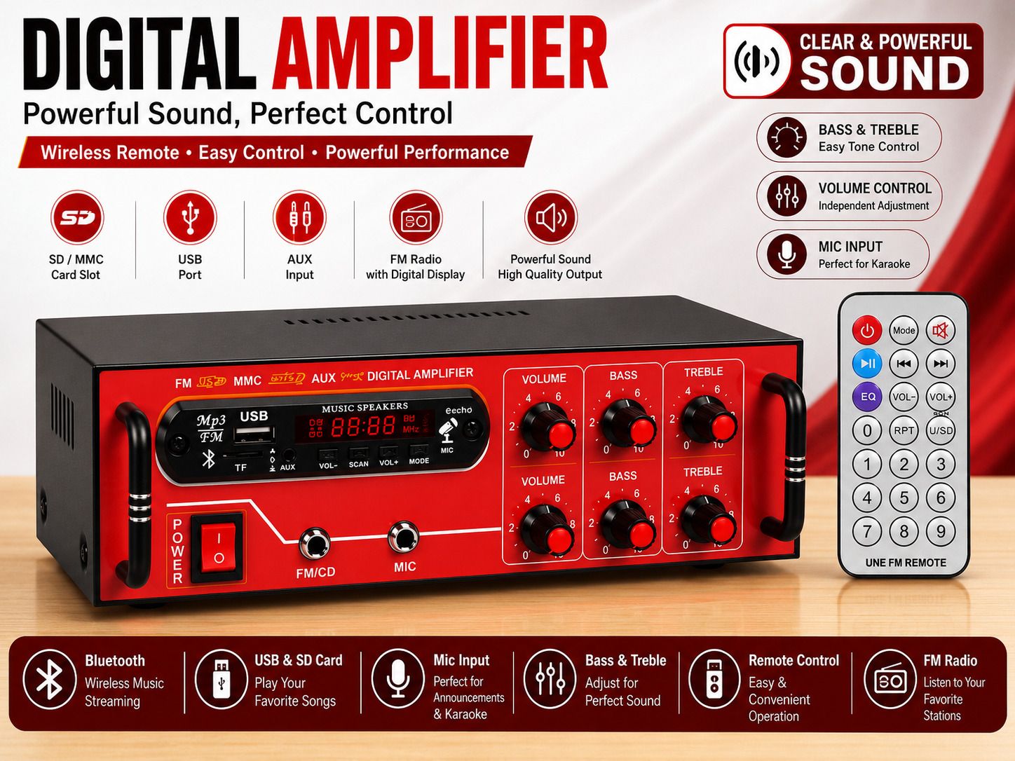 DJ Amplifier Bluetooth Machine USB AUX Input FM SDCard MIC Input 4440 IC 120 W AV Power Amplifier-image-33
