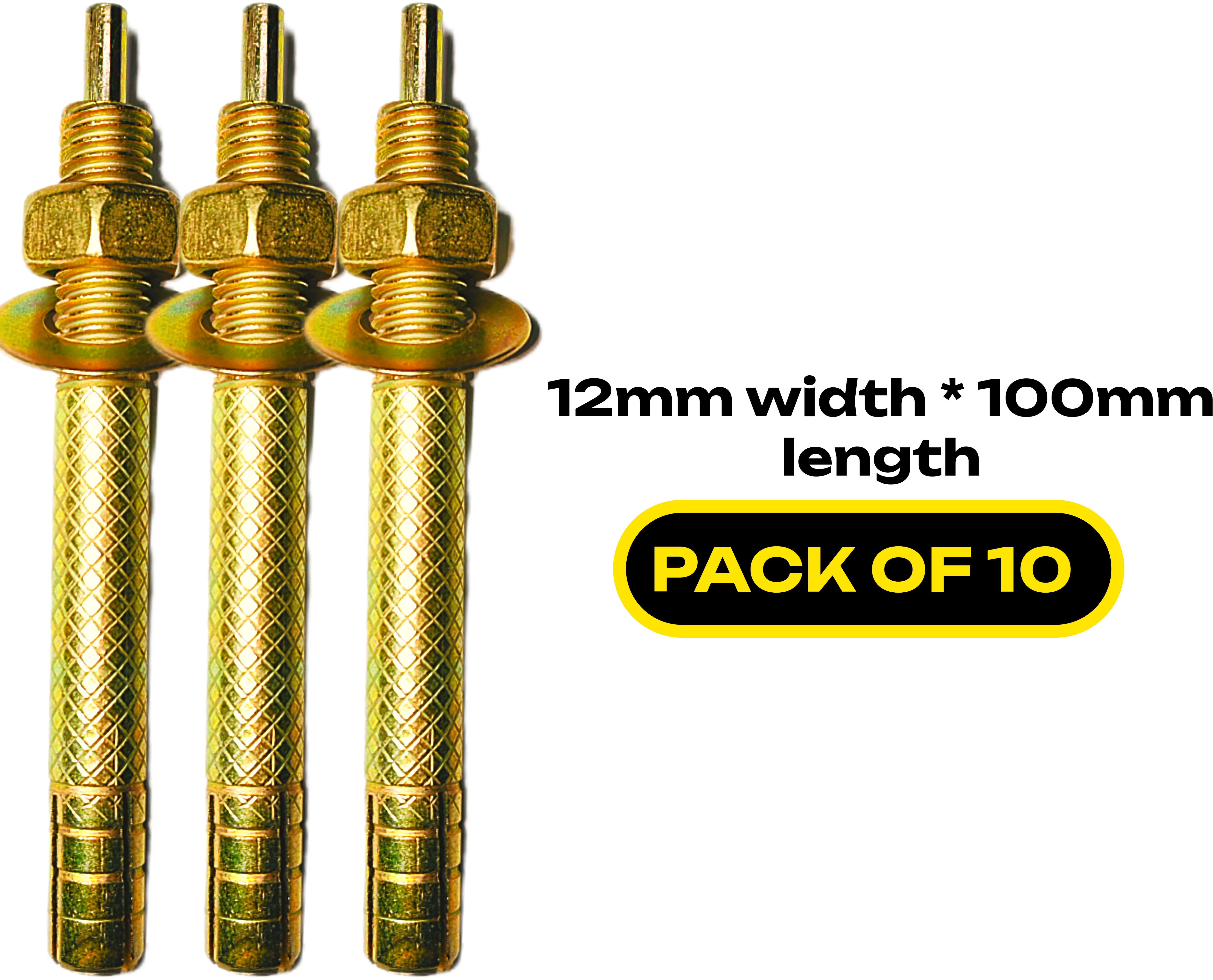 (PACK OF 10) (12mm*100mm) Pin Type Anchor 4 inch With Nut And Washer Zinc Plated Hammer Drive Anchor