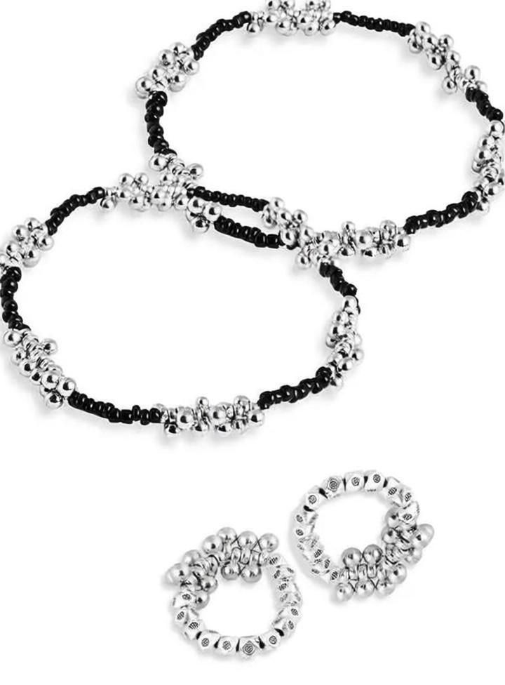 kinza Exclusive Set of Silver Ball Toe Rings with Gungru and Black Pearl Beaded Anklet Rubber Toe Anklet-picture-10