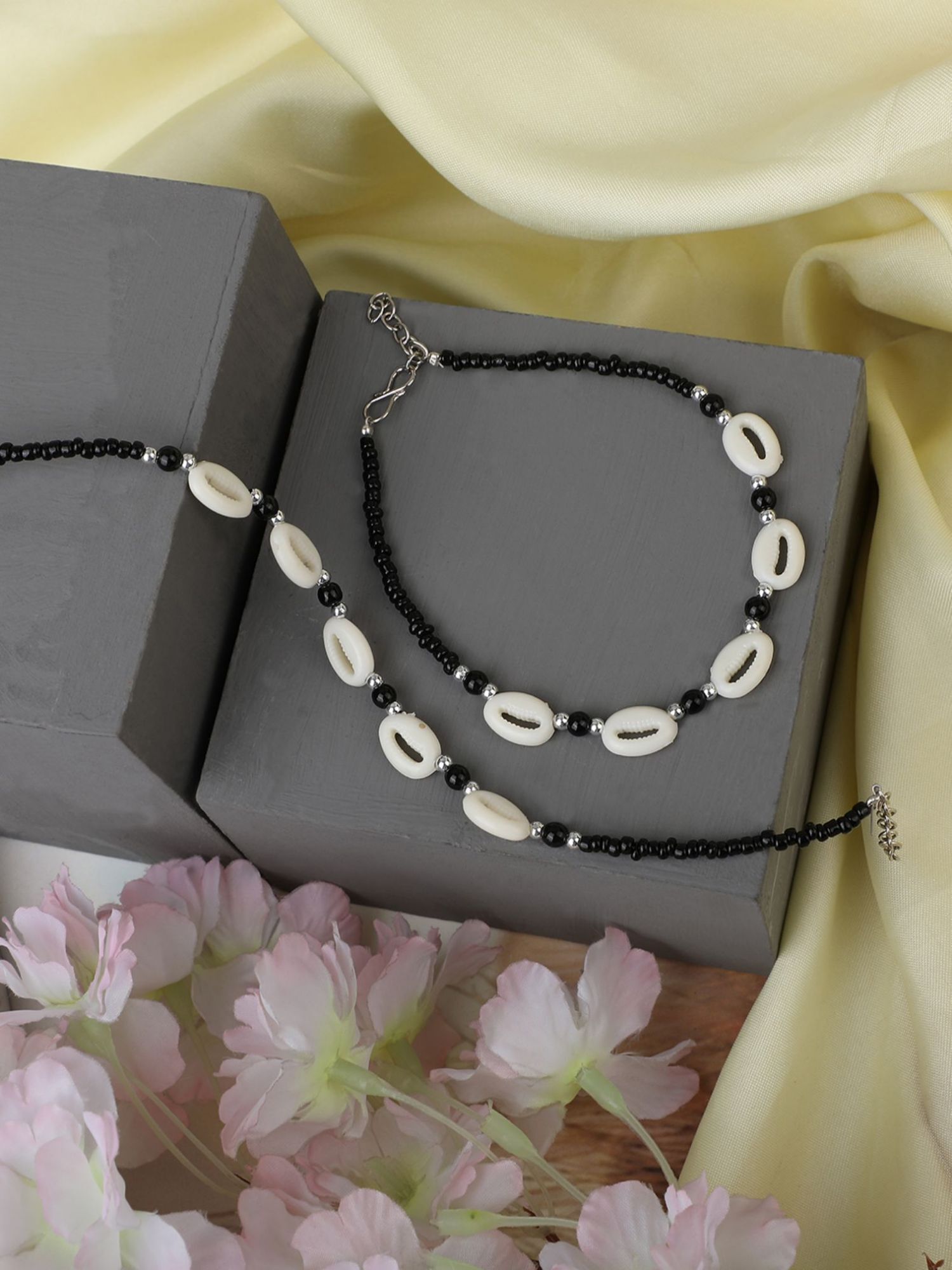 Set of 2 Gold Plated Shell And Beaded Anklets, Secured with S-hook Closure Sterling Silver Anklet-image-13