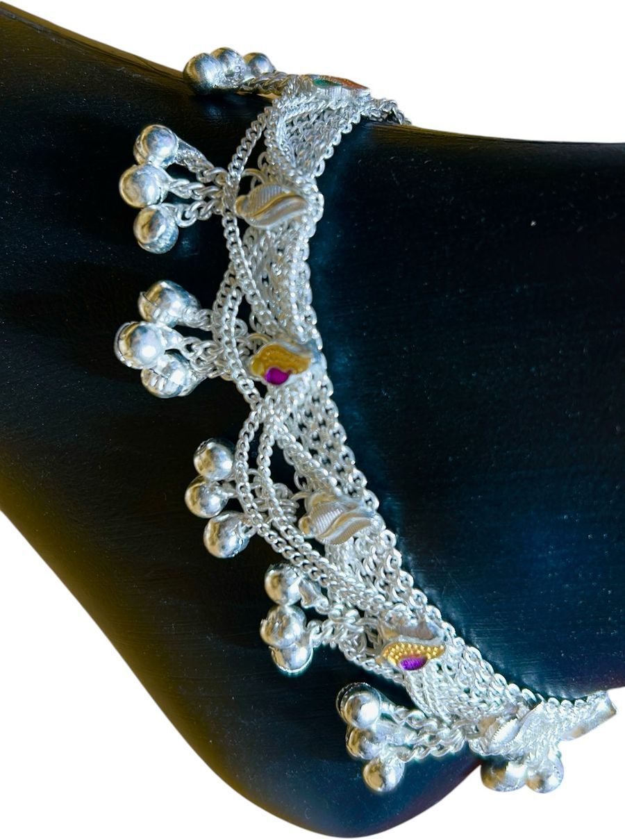 kuldeep payal Traditional Silver Plated Payal with Colorful Leaf for Women Silver Anklet-picture-15