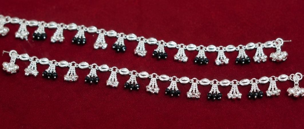 sachin Black white beads Silver Anklet-picture-23