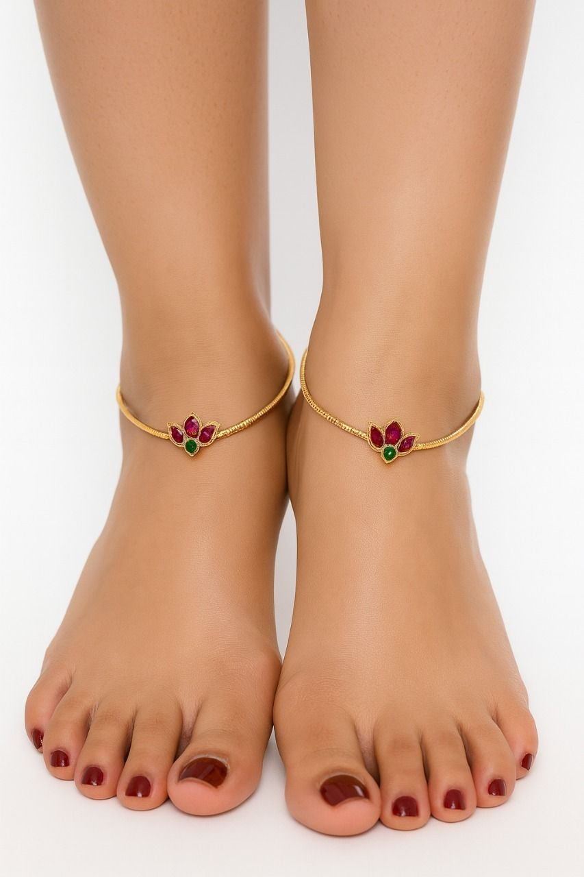 Gold Plated Lotus Design Anklets for Women | Traditional Payal Alloy Anklet-image-10