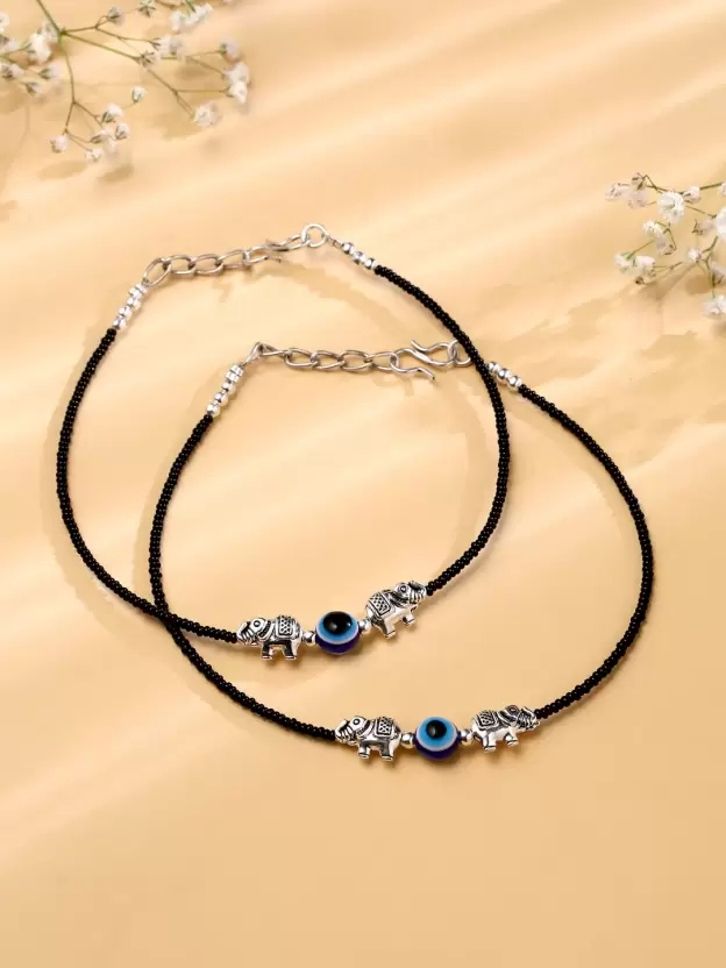 kinza Stylish Evil Eye with Elephant With Beads Alloy Anklet-picture-5