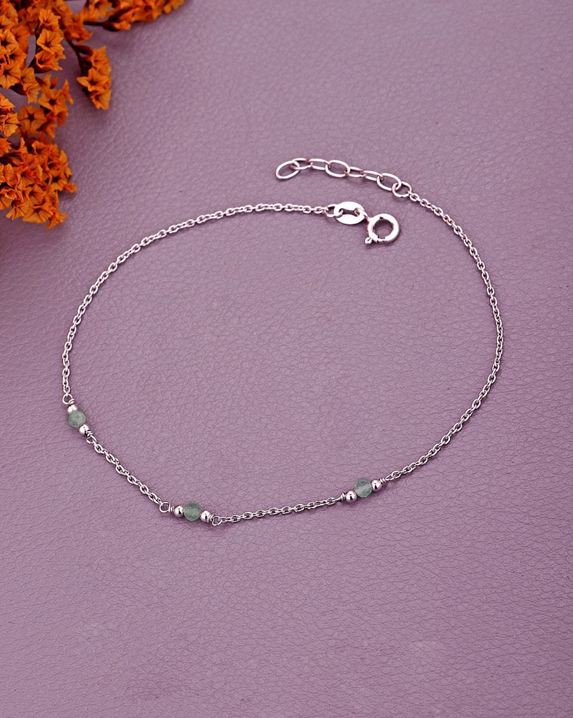 925 Sterling Silver Rhodium-Plated Emerald Studded Anklet Sterling Silver Anklet-image-1