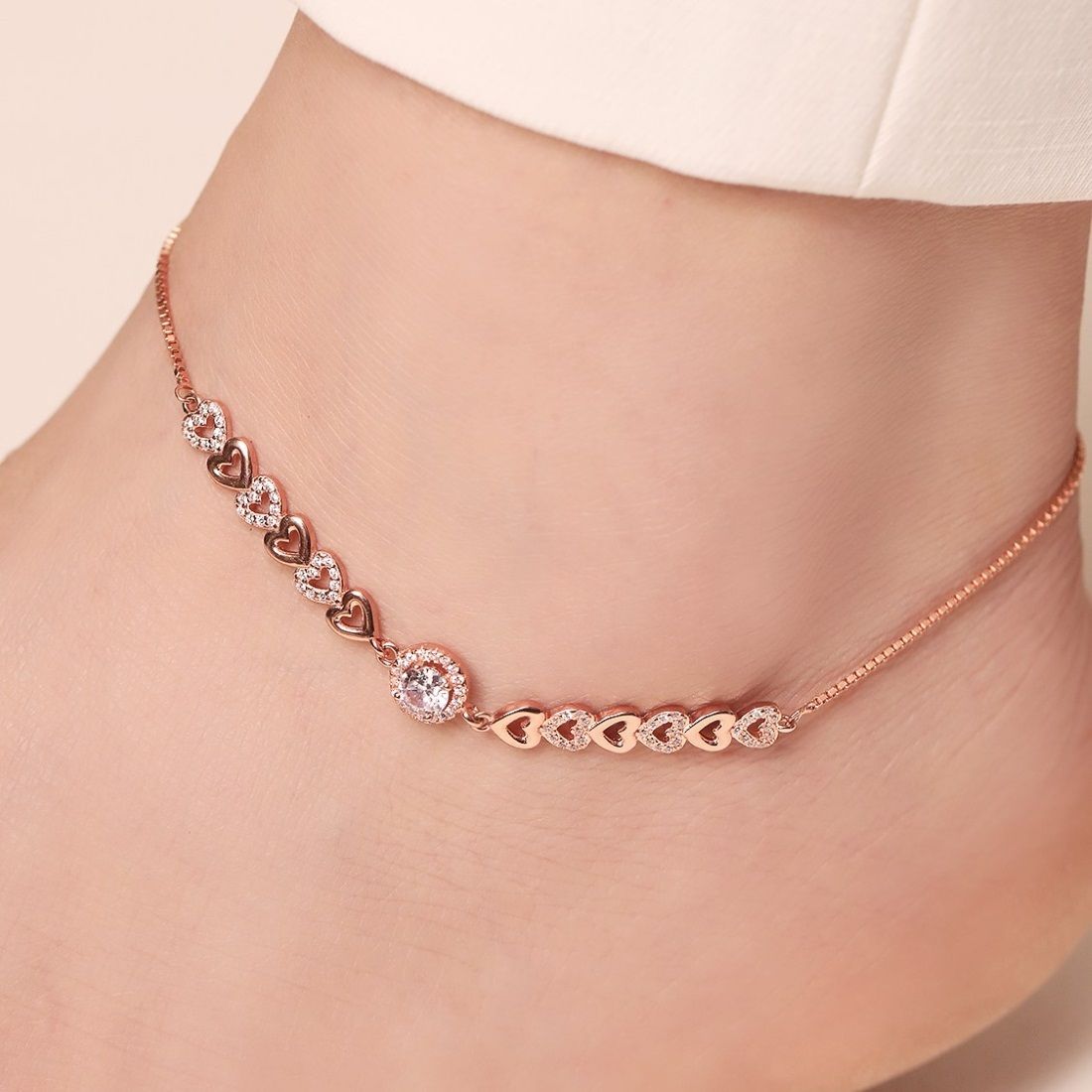 zavya Heart Cubic Zirconia Rose Gold Plated Single 925 Sterling Silver Anklet-picture-14