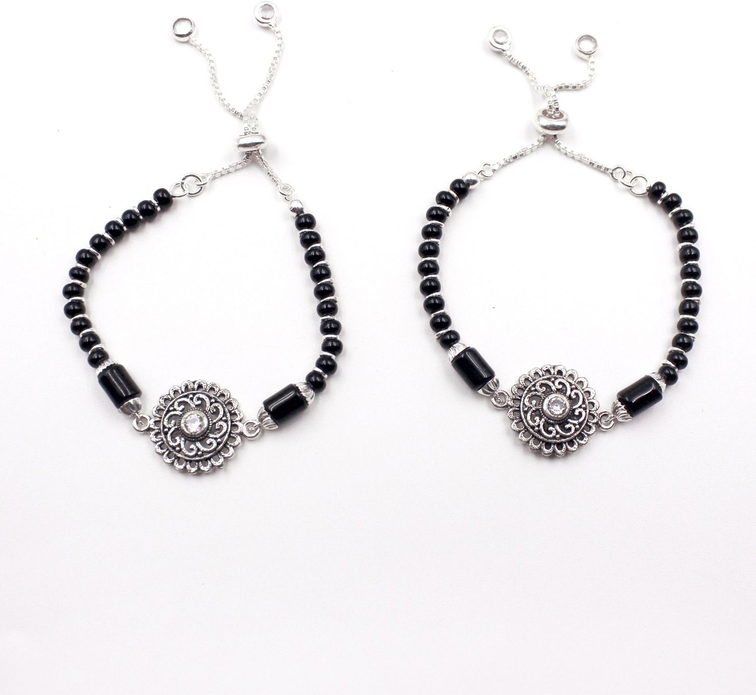 Sterling Silver Minimal Oxide floral Black Beaded Anklet for Girls Sterling Silver Anklet-image-38