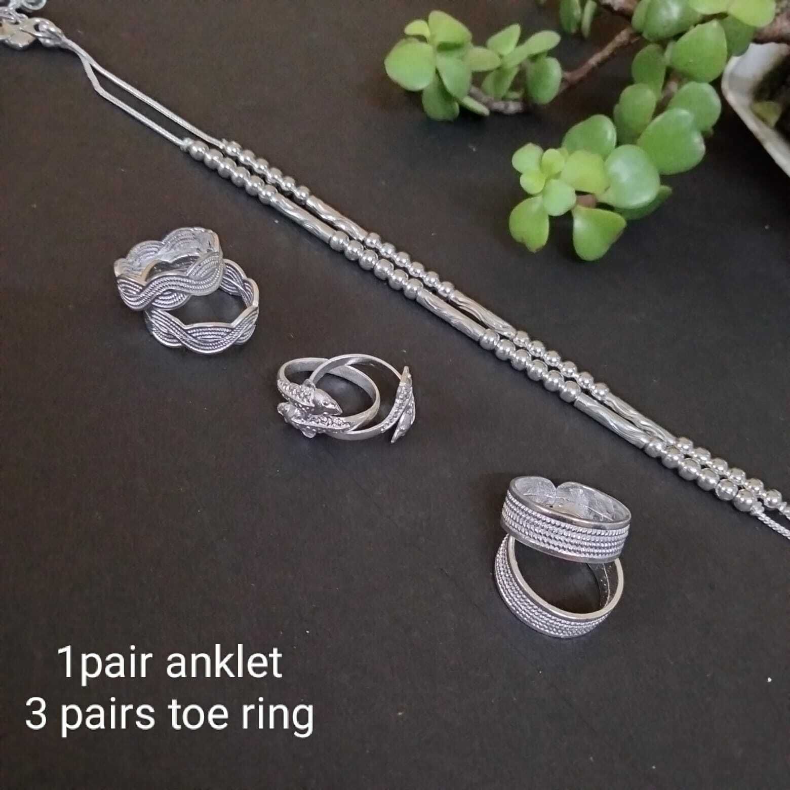 Silver Beads Anklet Payal with 3 Toe Rings Bichiya Alloy, Brass Toe Anklet-image-25