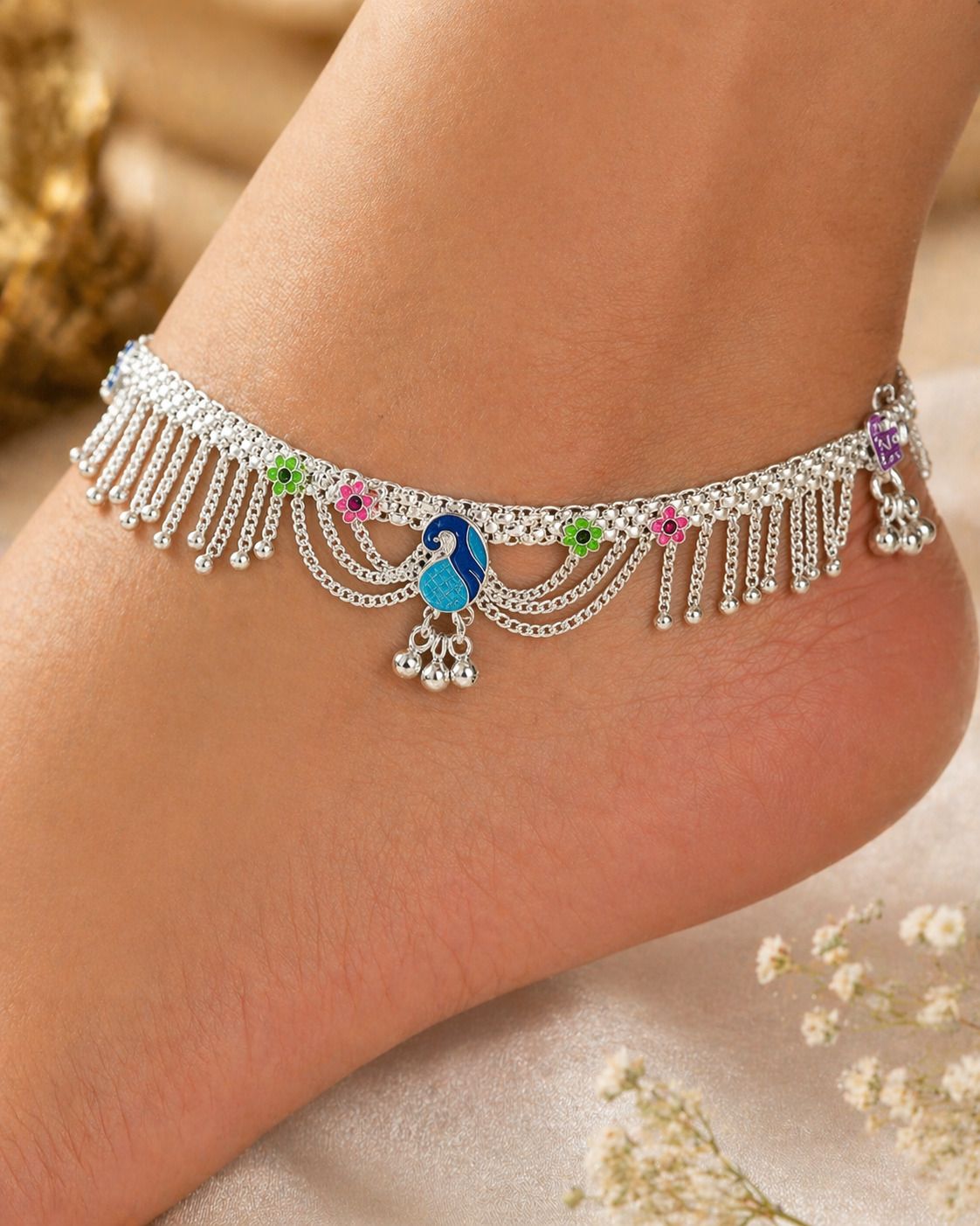 Designer Silver Plated Peacock Anklet Pair for Women & Girls ( Size : 10 inch ) Copper, Brass Anklet-image-19