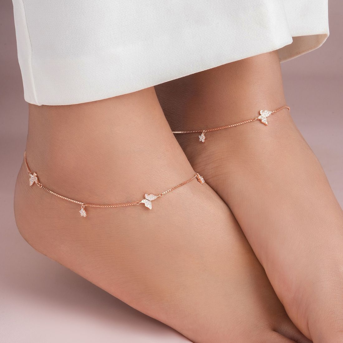 zavya Butterfly Charms CZ Rose Gold Plated 925 Sterling Silver Anklet Silver Anklet-picture-0