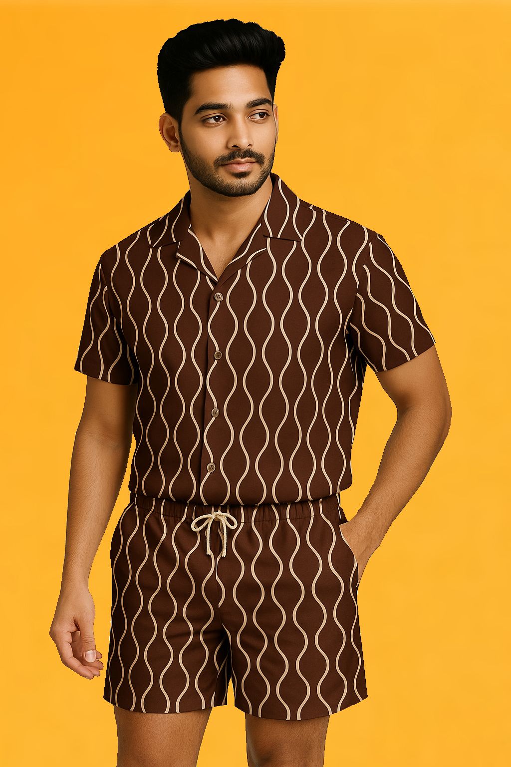 lyzoo fashion Men Night Suit Set Brown Printed-picture-49