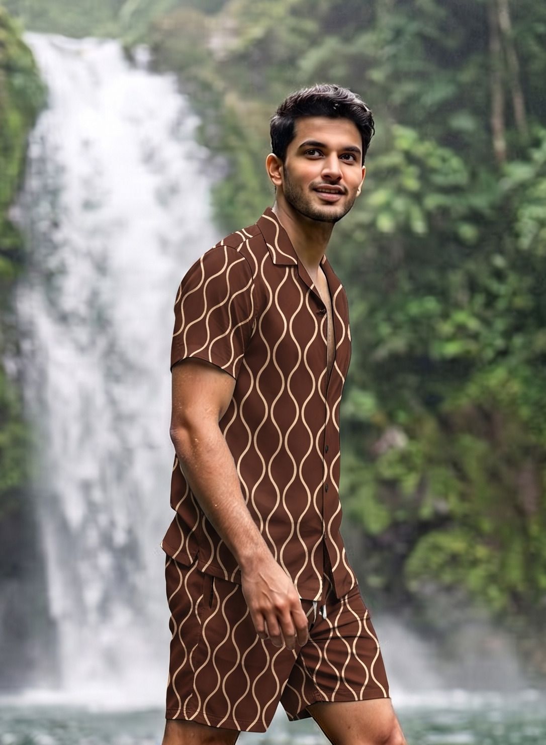 lyzoo fashion Men Night Suit Set Brown Printed-picture-17