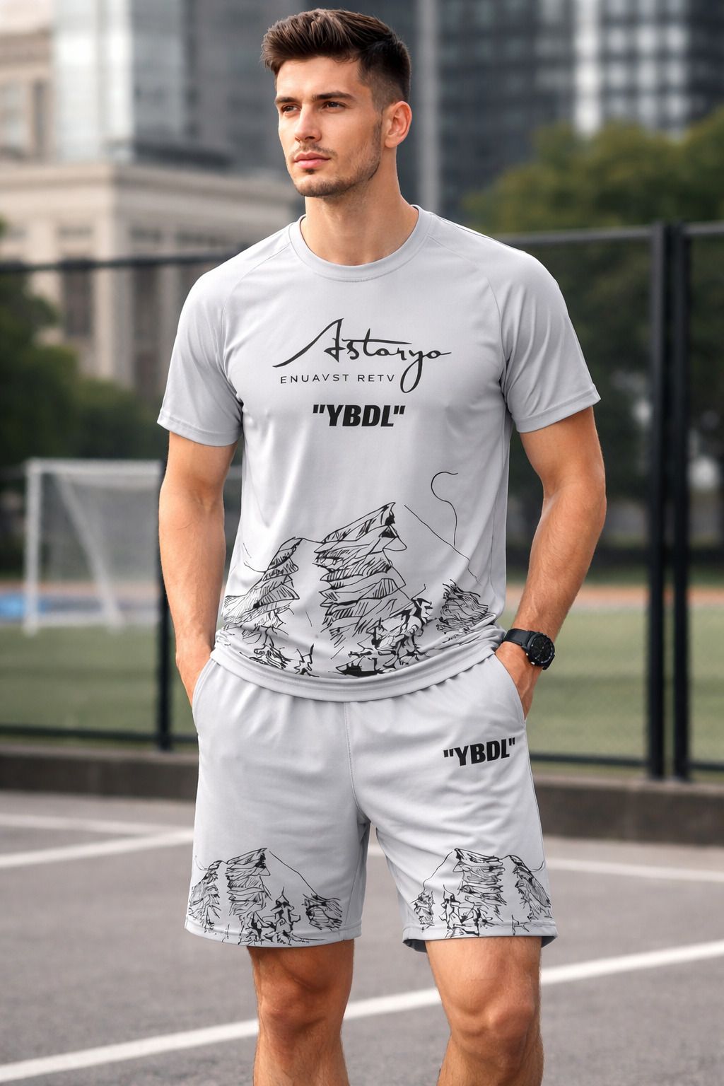 Men Top & Shorts Set Grey Graphic Print-image-39