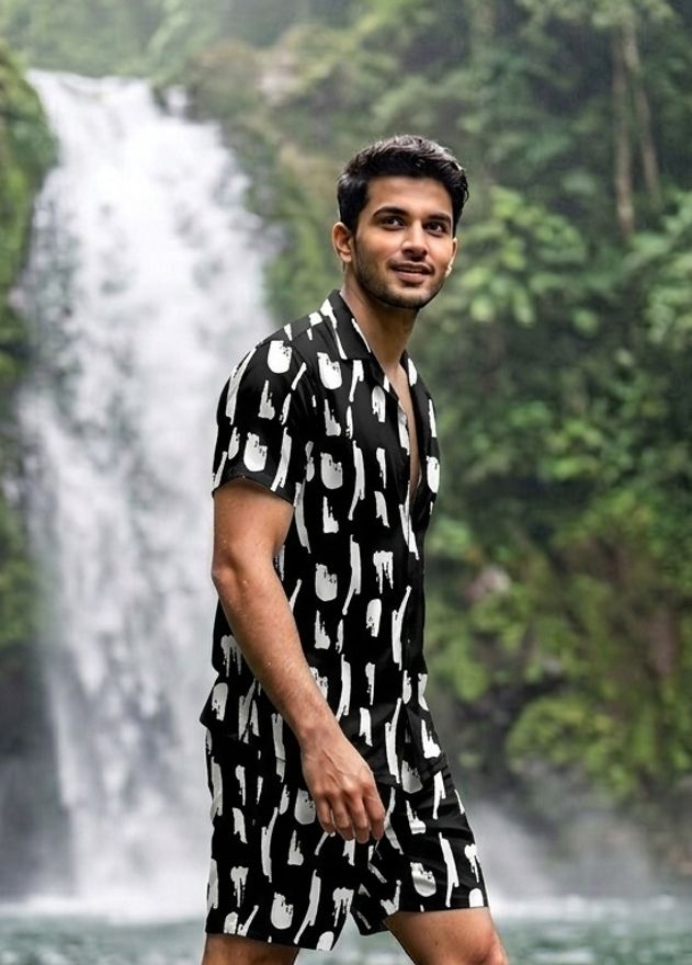 Men Night Suit Set Silver Printed-image-32
