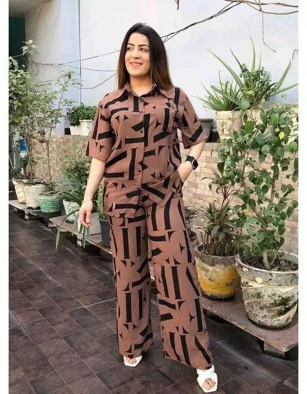 Women Top & Pyjama Set Brown Printed-image-5