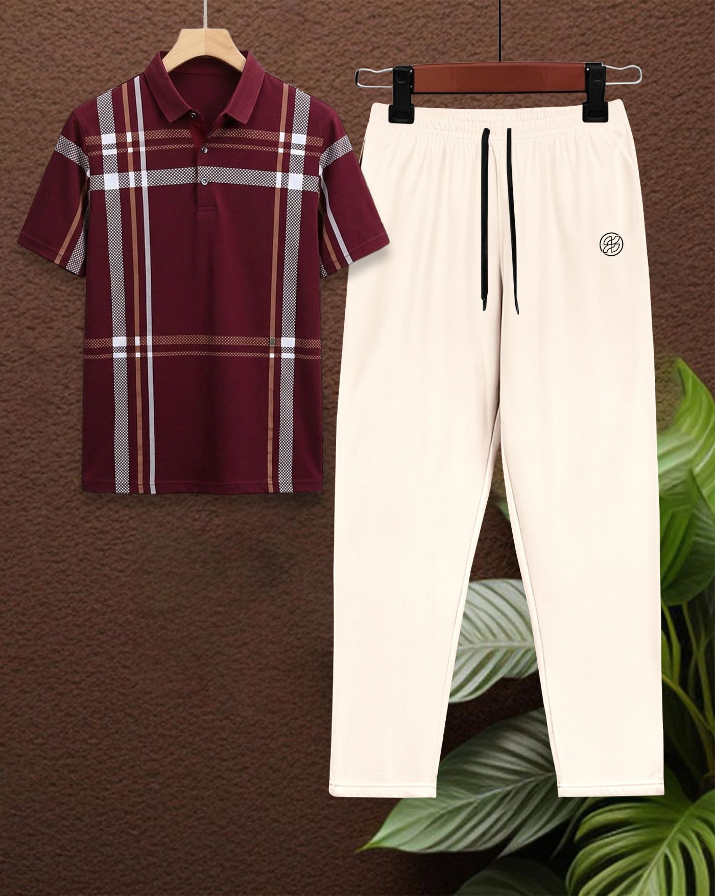 Men Night Suit Set Maroon, Beige Solid-image-24