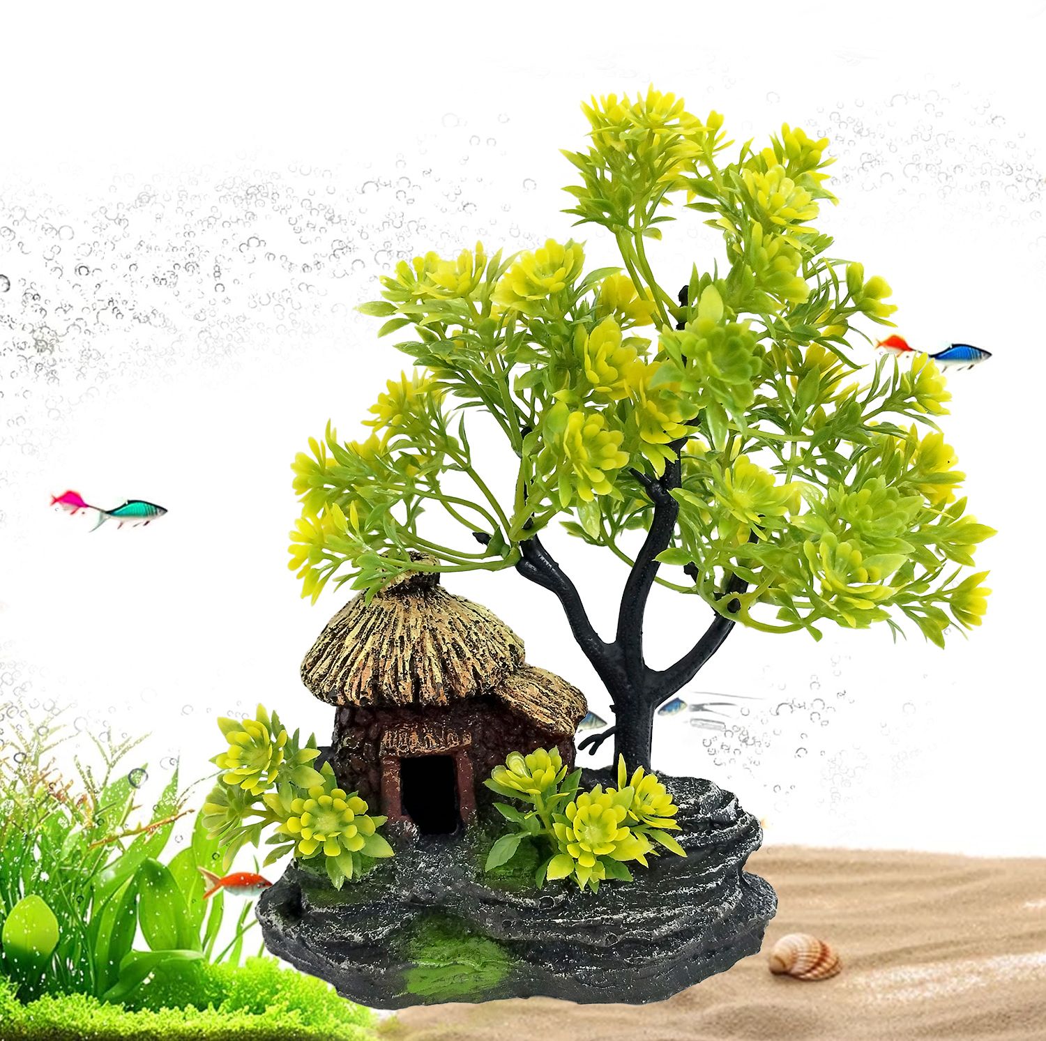 jainsons pet products Aquarium Artificial Green Plants with Fish House and Resin Landscape Base 7 Inch Aquarium Plant Anchor-picture-40