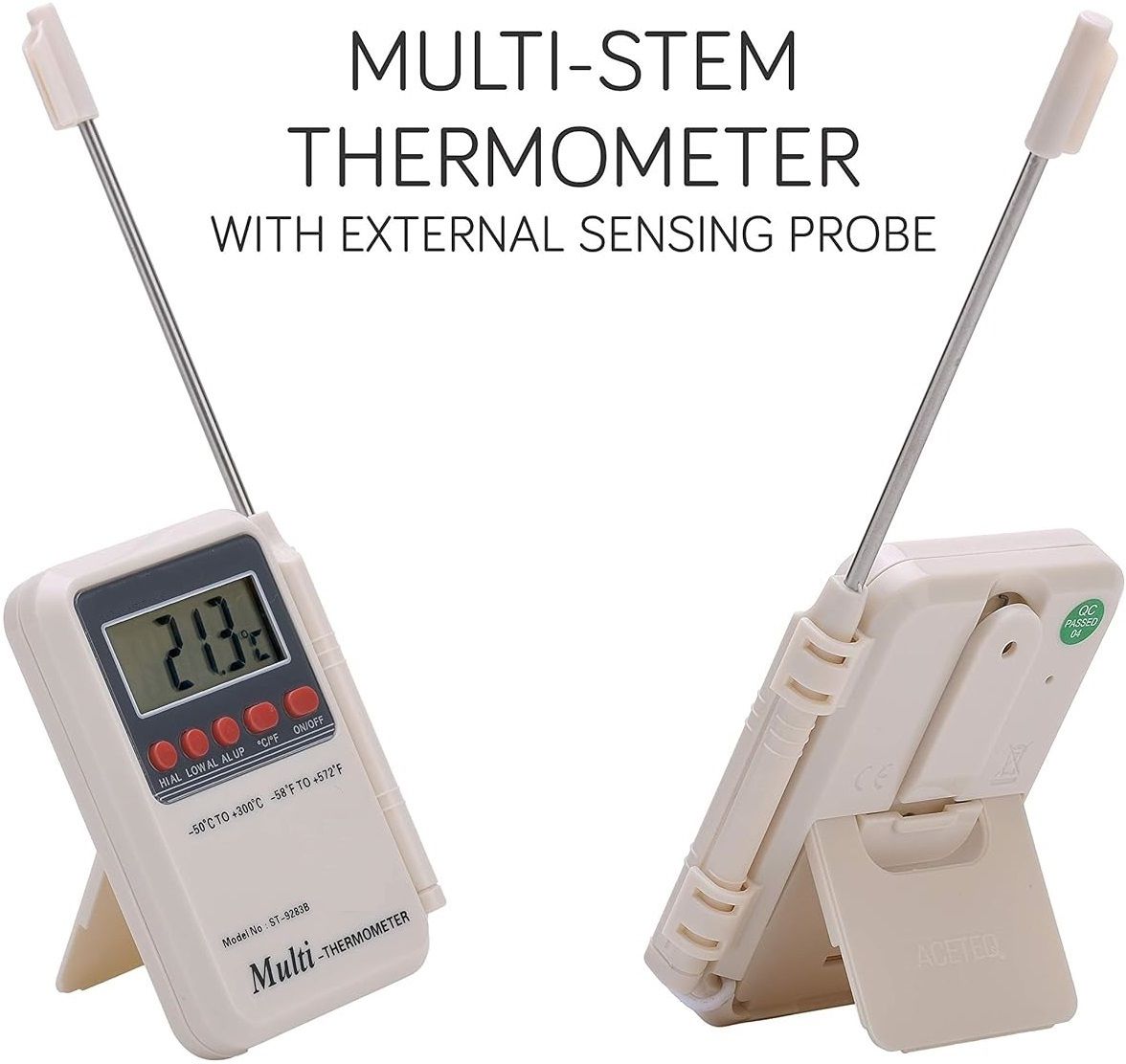 Multi Stem Digital Thermometer with External Sensing Probe Multithermometer with Max-Min Feature Digital MultiStem Thermometer Temperature Meter With External Sensing Probe Instant Read Cooking, Food, Meat, Milk, Liquid, Water, Candy, Room & Wall Digital Thermometer Pin-Type Digital Moisture Measurer