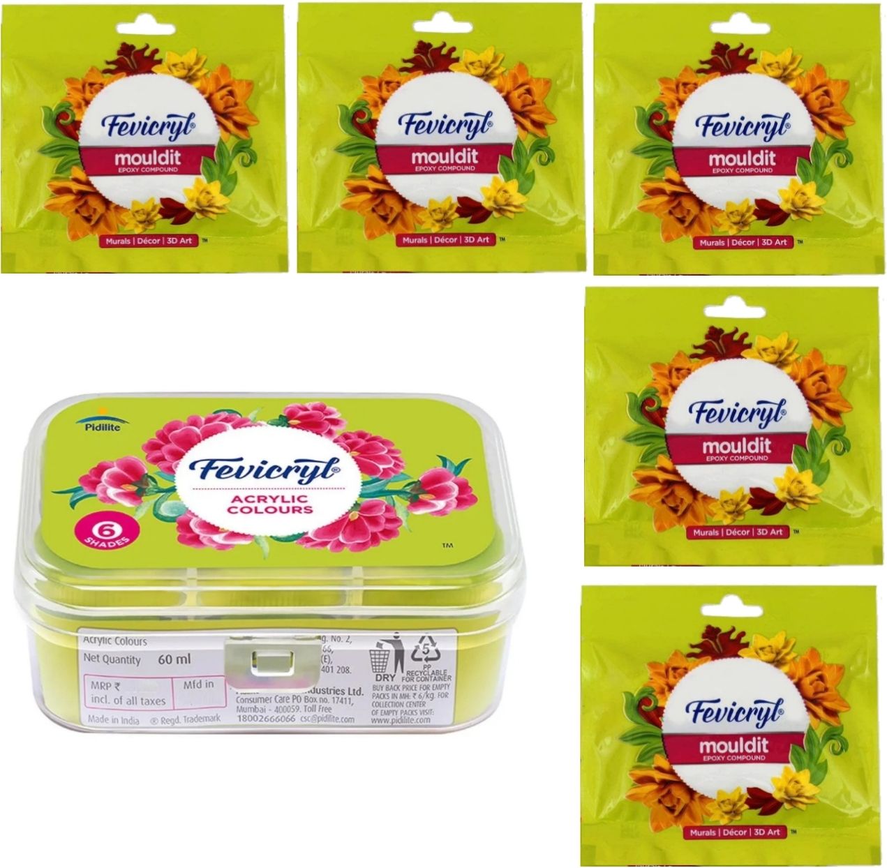 Fevicryl Mouldit Clay 50gm ( Pack of 5 ) and Fevicryl Acrylic Lilac Kit 6 Shade Art Clay-image-30