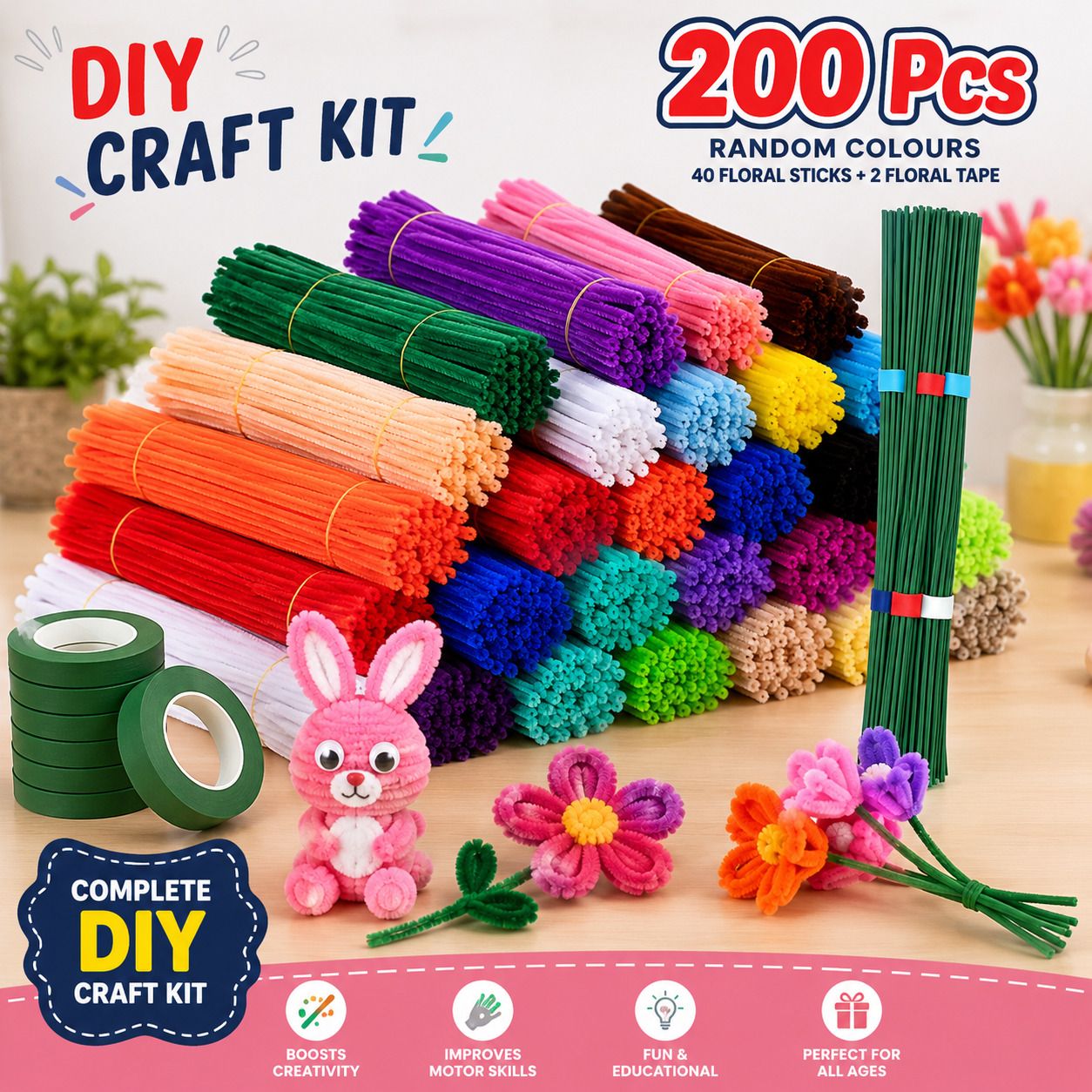 200pc Multicolor Chenille Stems Craft Kit with Floral Tape and Sticks-image-31