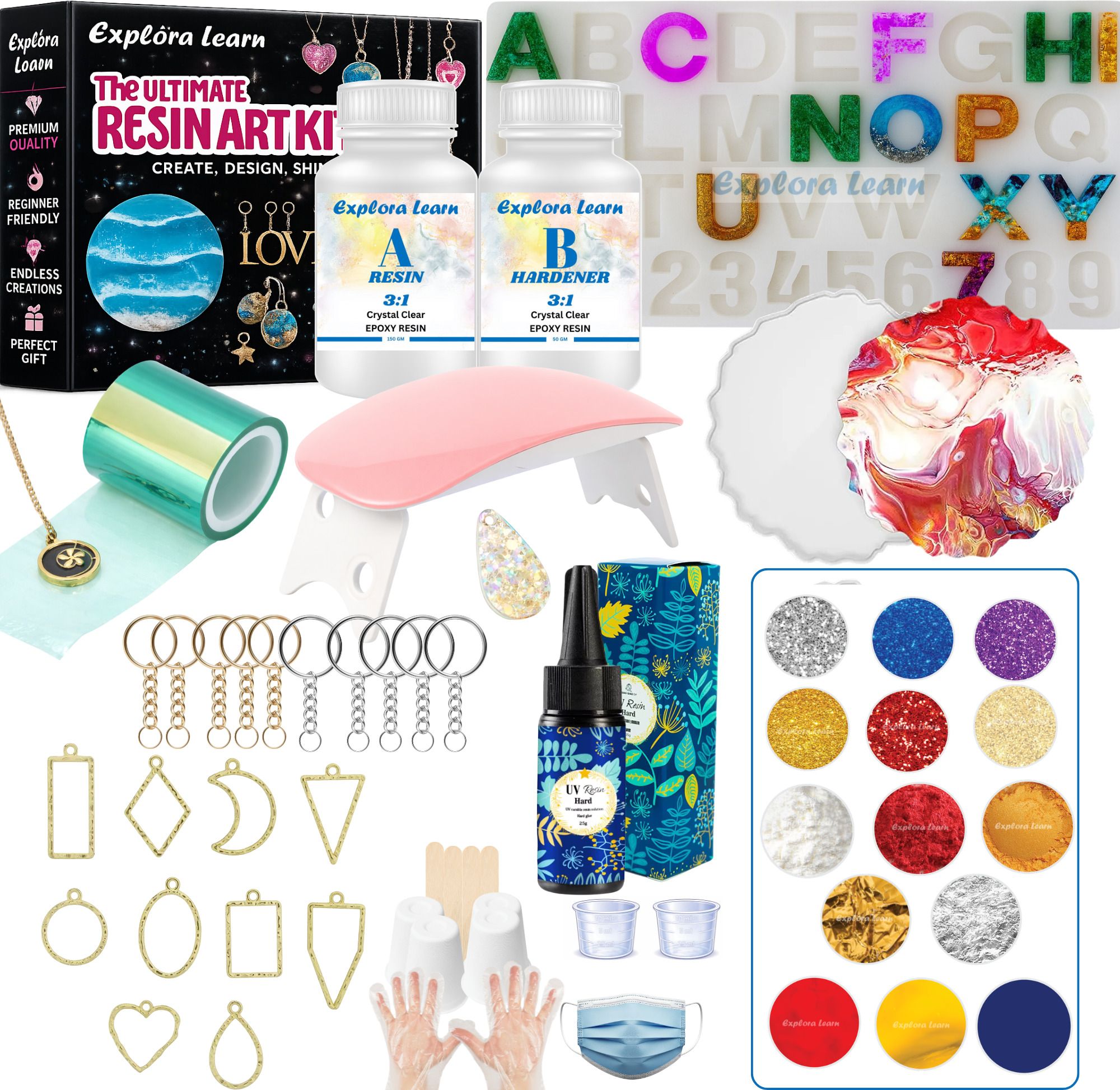exploralearn 25gm UV & 200gm Epoxy Resin Alphabet and Pendant Combo Resin Art Kit-picture-16