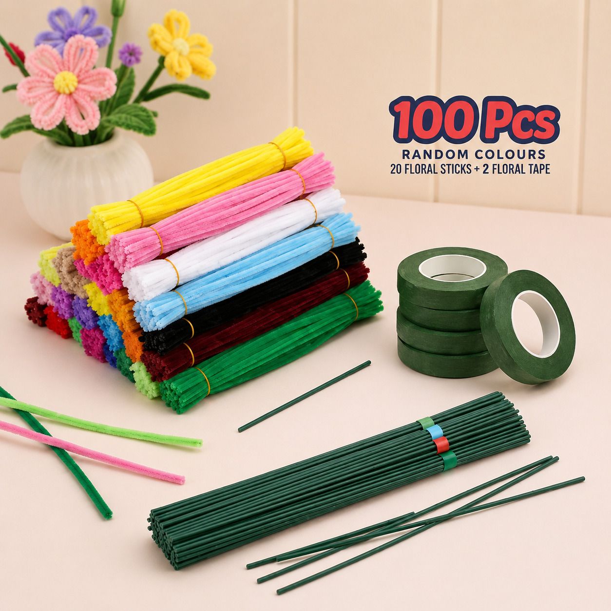DIY Pipe Cleaner Craft Kit 100 PCS Chenille Stems with Floral Sticks-image-30
