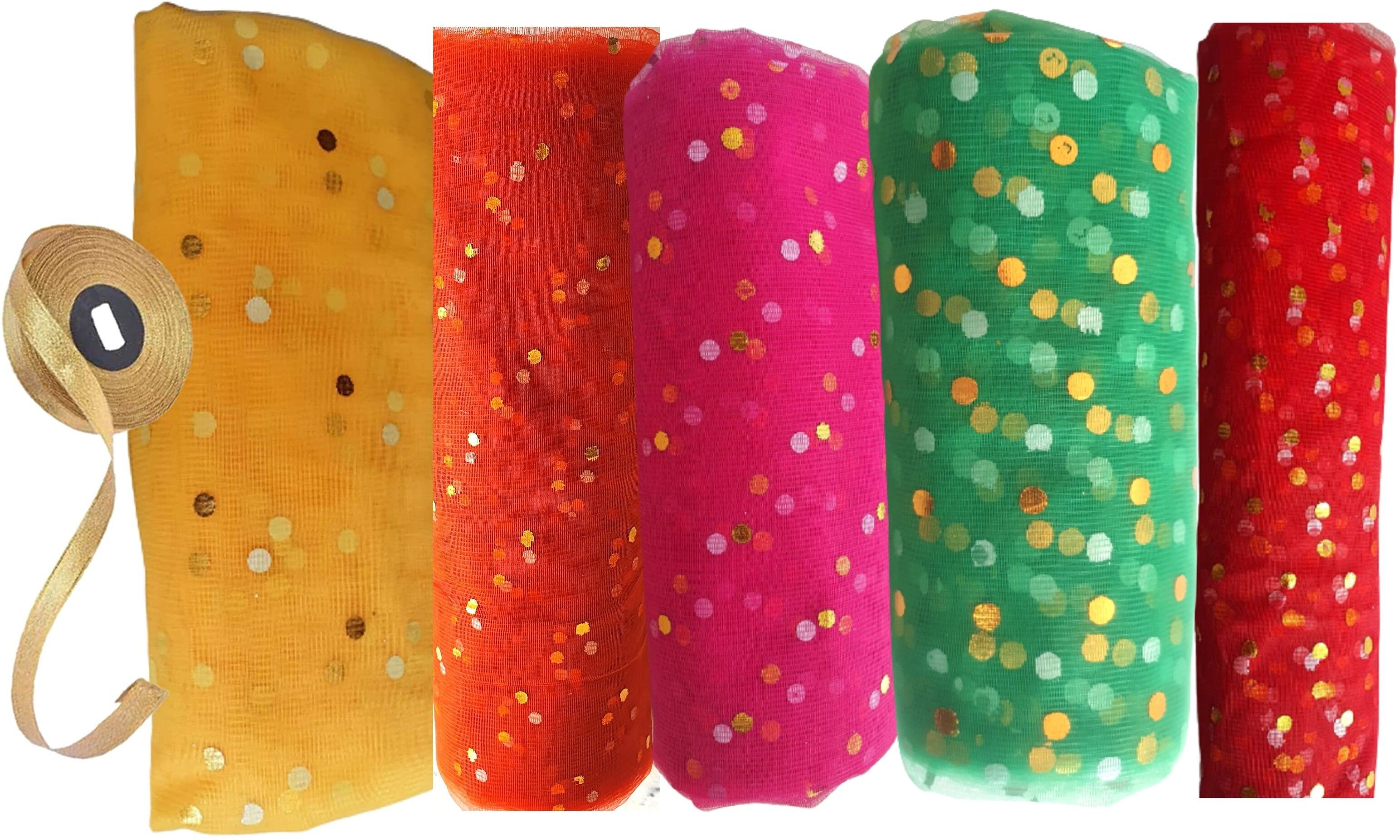 Set of 5 Dotted Net Fabric 2 meters each and Golden Ribbon Roll-image-2