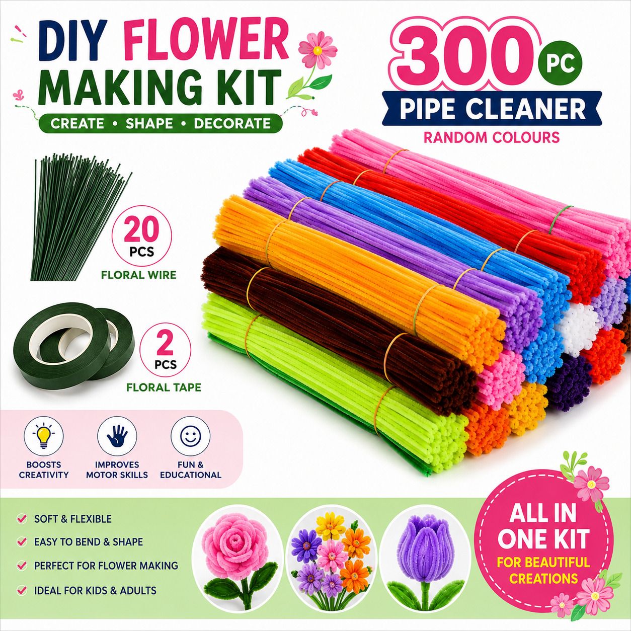 DIY Craft Kit 300 Pipe Cleaners + 20 Floral Wires + 2 Floral Tapes Set-image-31