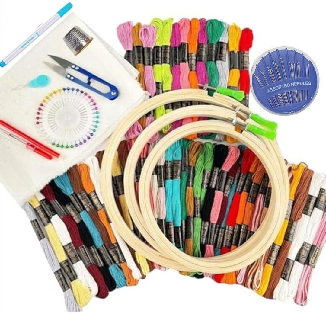 Embroidery Kit with 3 Wooden Hoops, 50 Threads & Sewing Accessories Kit-image-34