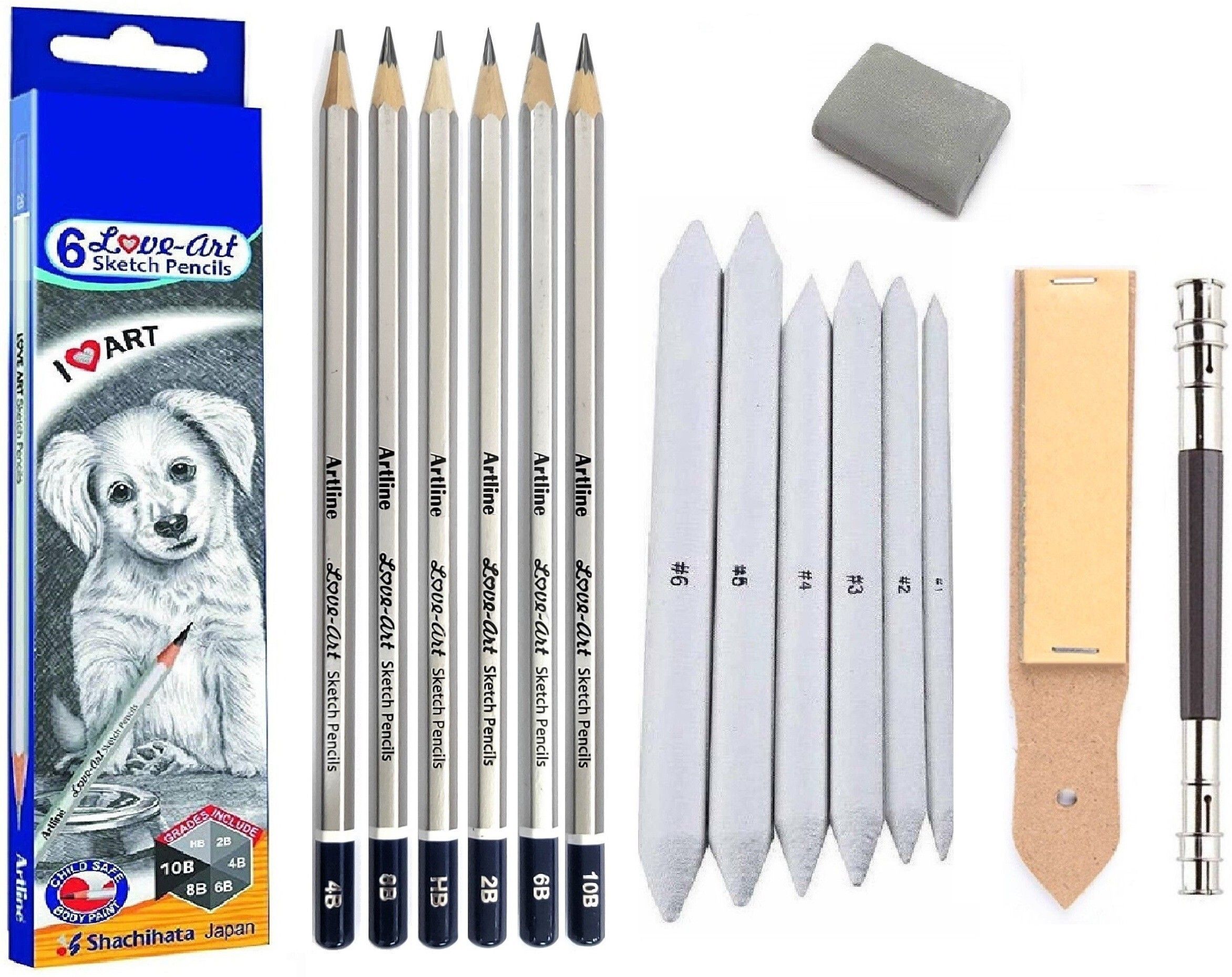 definite Artline Set of 6 Love-Art Sketch Pencils + Blending/Smudging Stumps Set of 6 (Size 1 to 6) + Sand Paper Pencil/Stump Sharpener + One Kneadable Eraser for Graphite and Charcoal Pencils + One 13cm Pencil Extender-picture-10